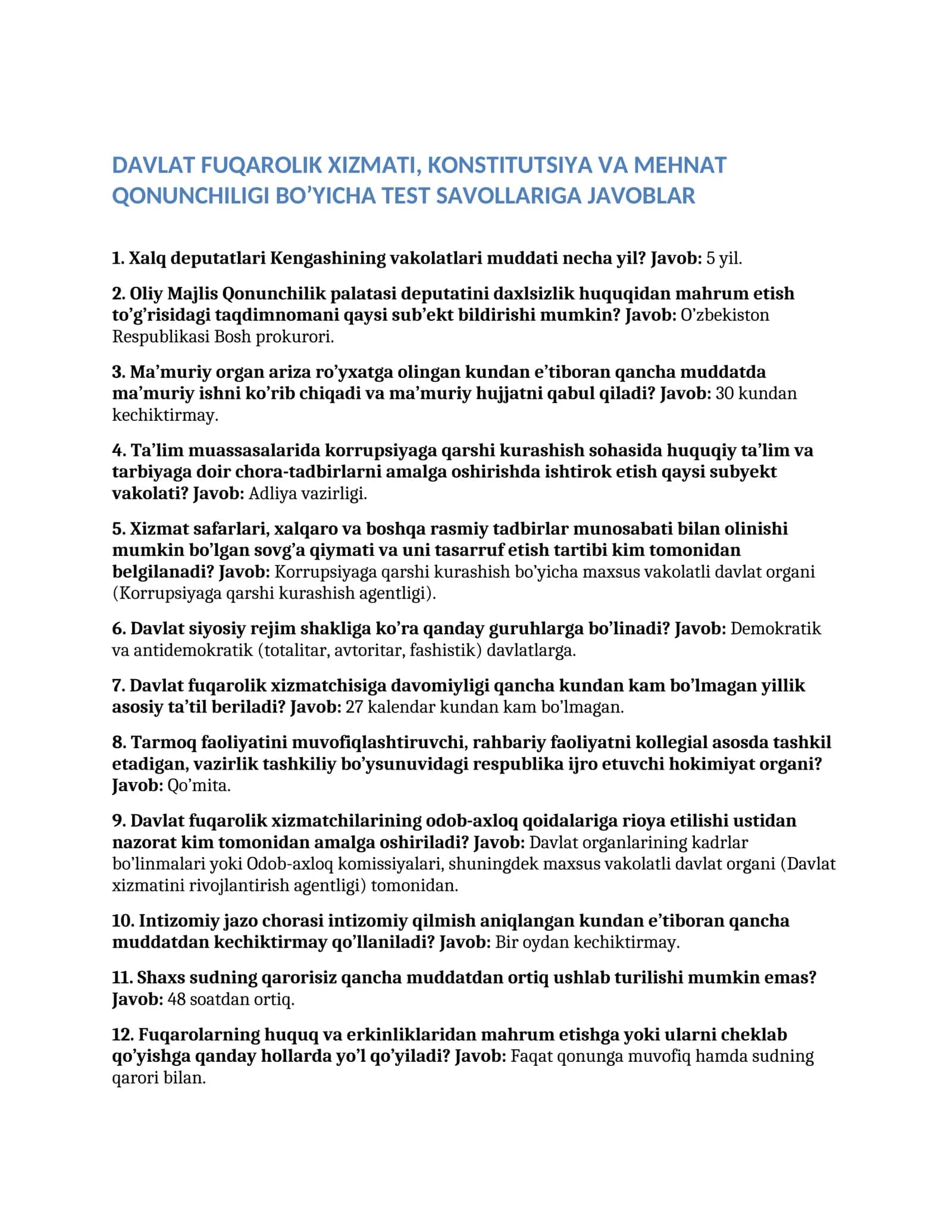 Argos test javoblari ARGOS TEST JAVOBLARI 2026 DAVLAT FUQAROLIK XIZMATI, KONSTITUTSIYA VA MEHNAT QONUNCHILIGI BO’YICHA TEST SAVOLLARIGA JAVOBLAR