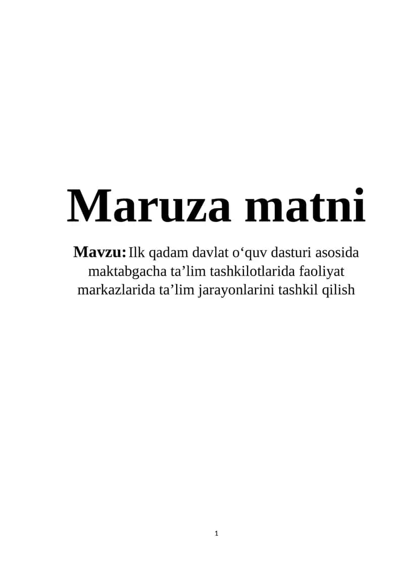 Ilk qadam davlat o‘quv dasturi asosida maktabgacha ta’lim tashkilotlarida faoliyat markazlarida ta’lim jarayonlarini tashkil qilish