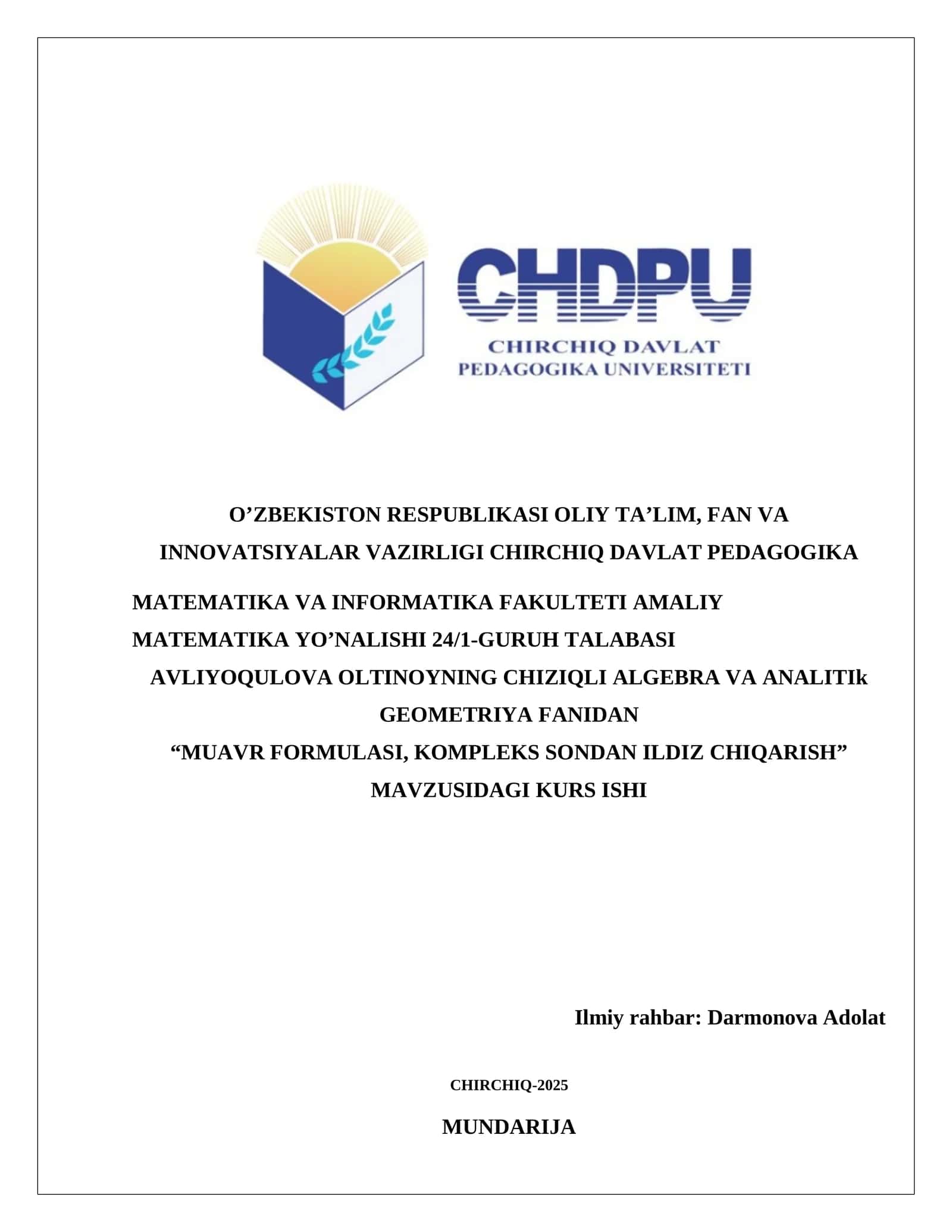 “MUAVR FORMULASI, KOMPLEKS SONDAN ILDIZ CHIQARISH”