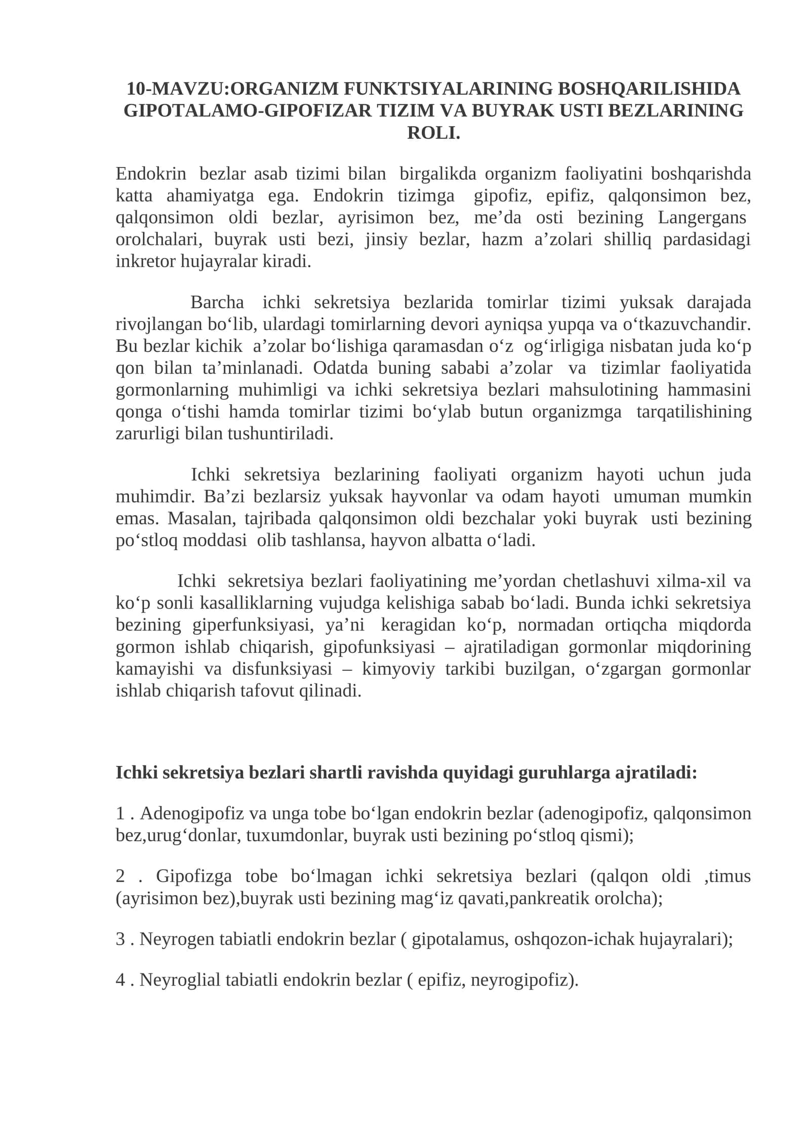 ORGANIZM FUNKTSIYALARINING BOSHQARILISHIDA GIPOTALAMO-GIPOFIZAR TIZIM VA BUYRAK USTI BEZLARINING ROLI