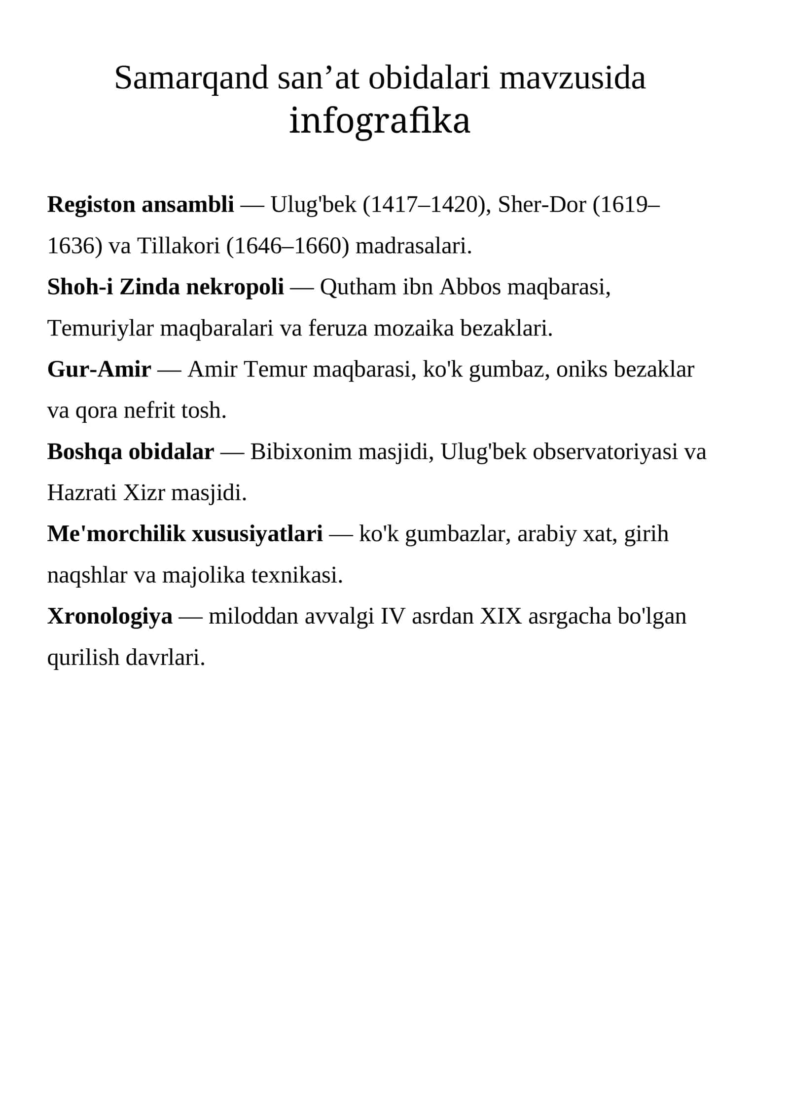 Samarqand san’at obidalari mavzusida infografika