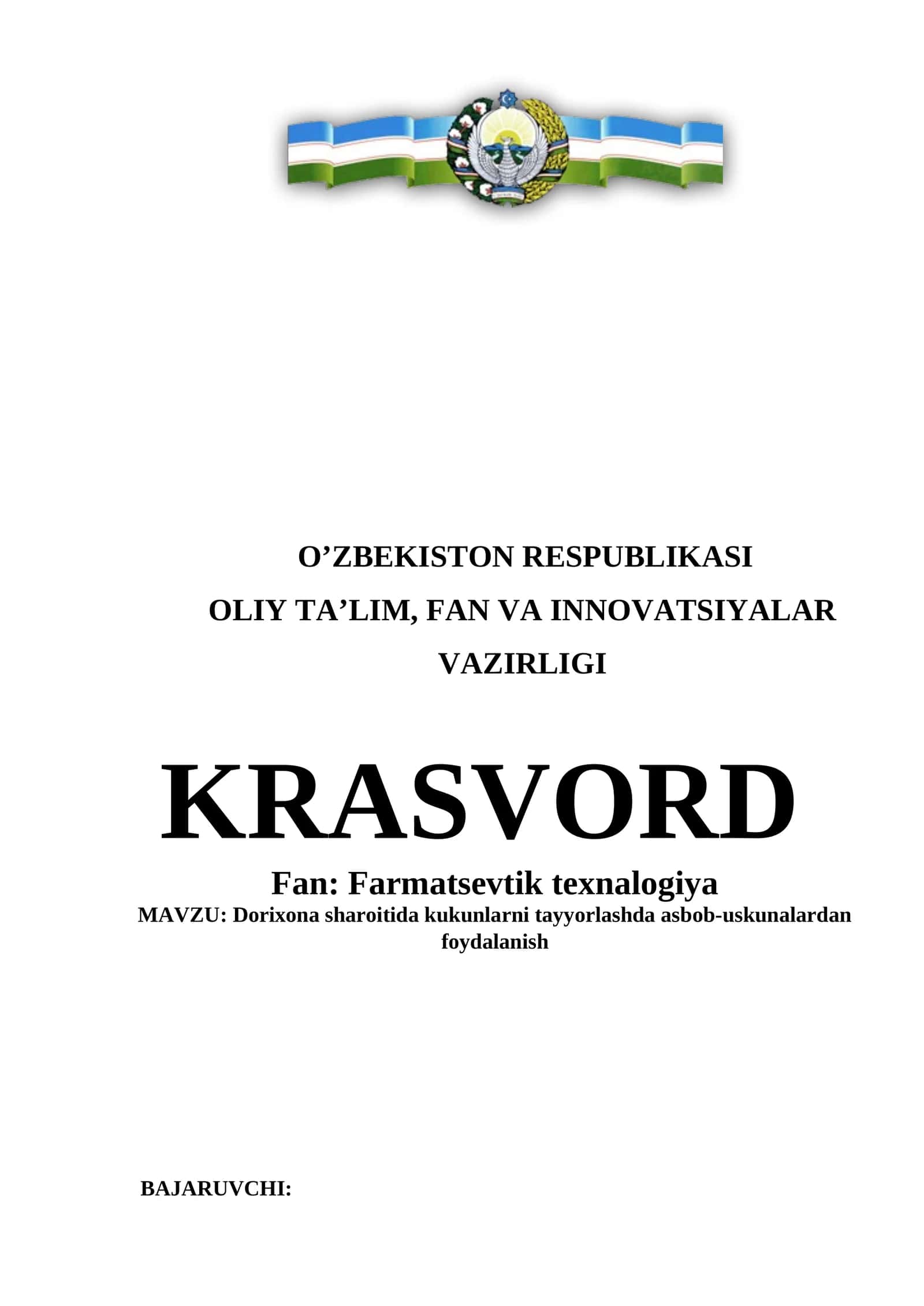 Dorixona sharoitida kukunlarni tayyorlashda asbob-uskunalardan foydalanish krossvord
