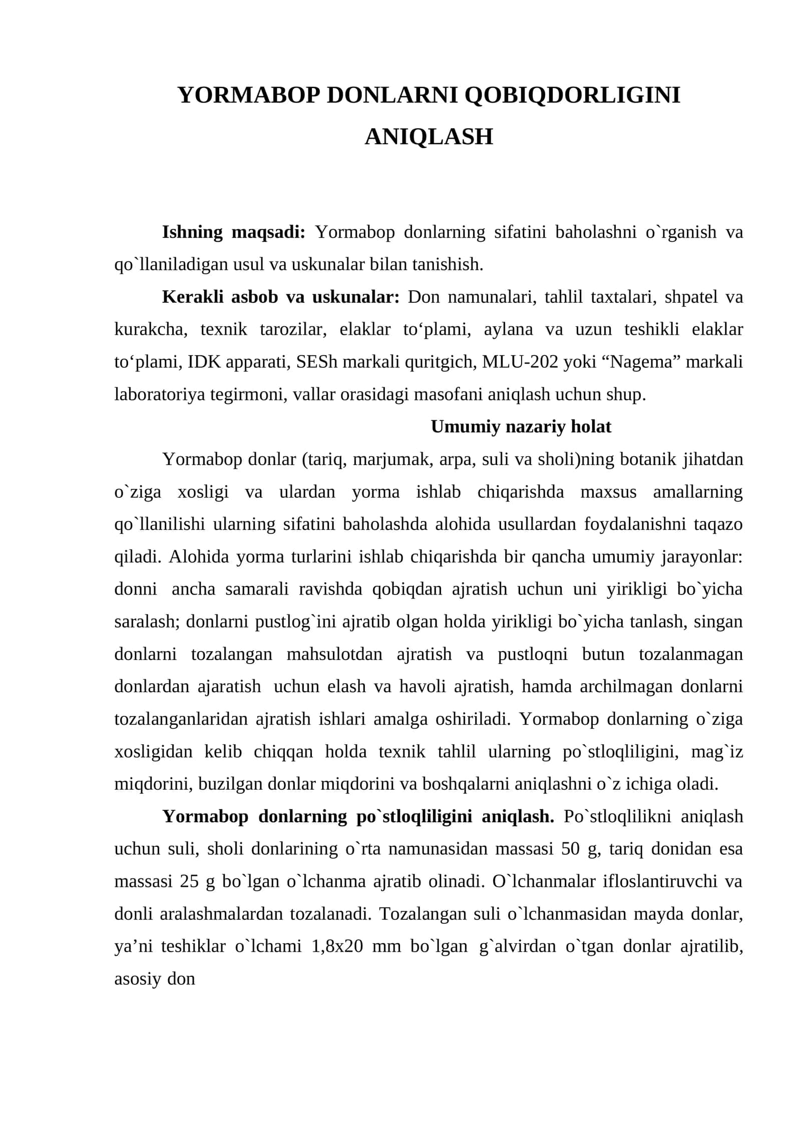 YORMABOP DONLARNI QOBIQDORLIGINI ANIQLASH
