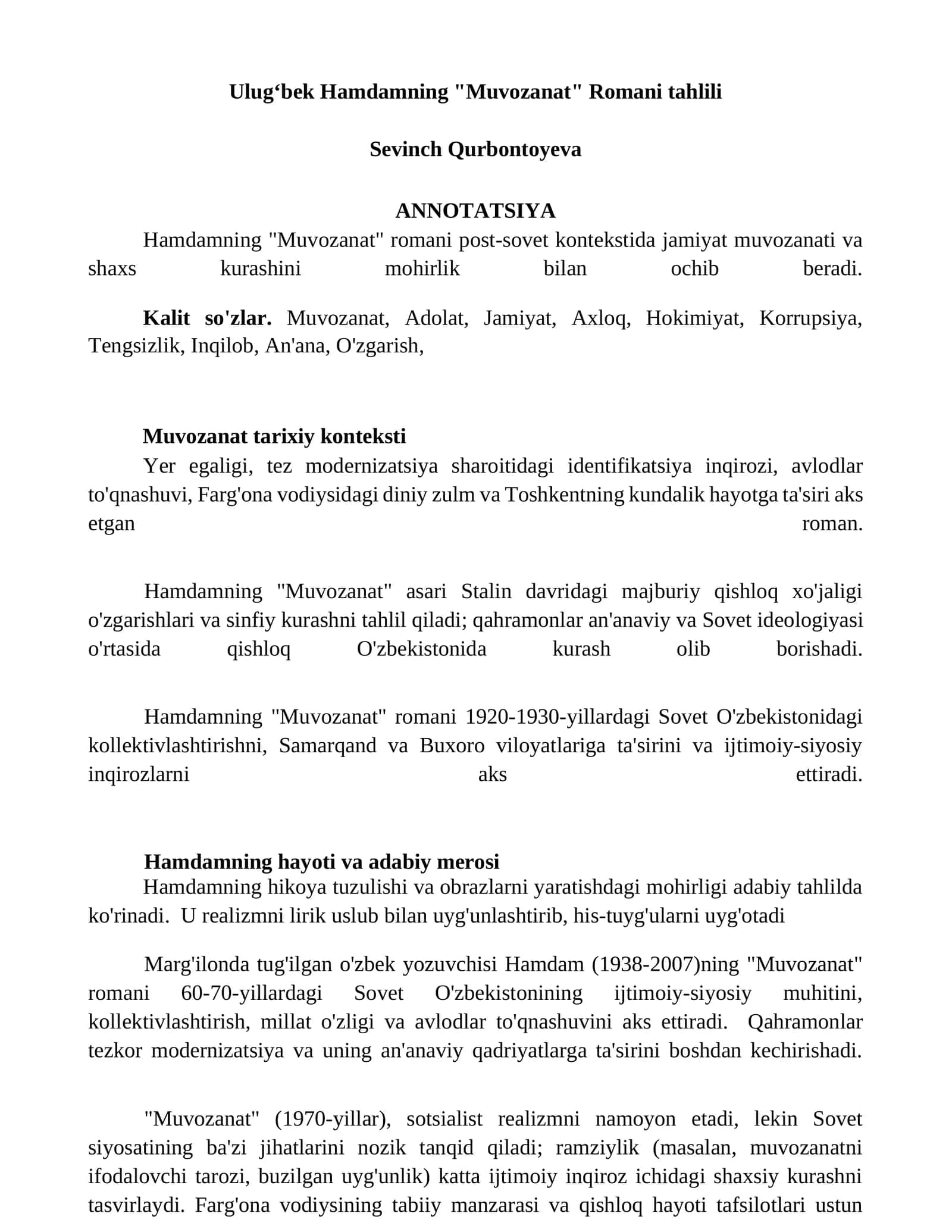 Ulugʻbek Hamdamning "Muvozanat" Romani tahlili