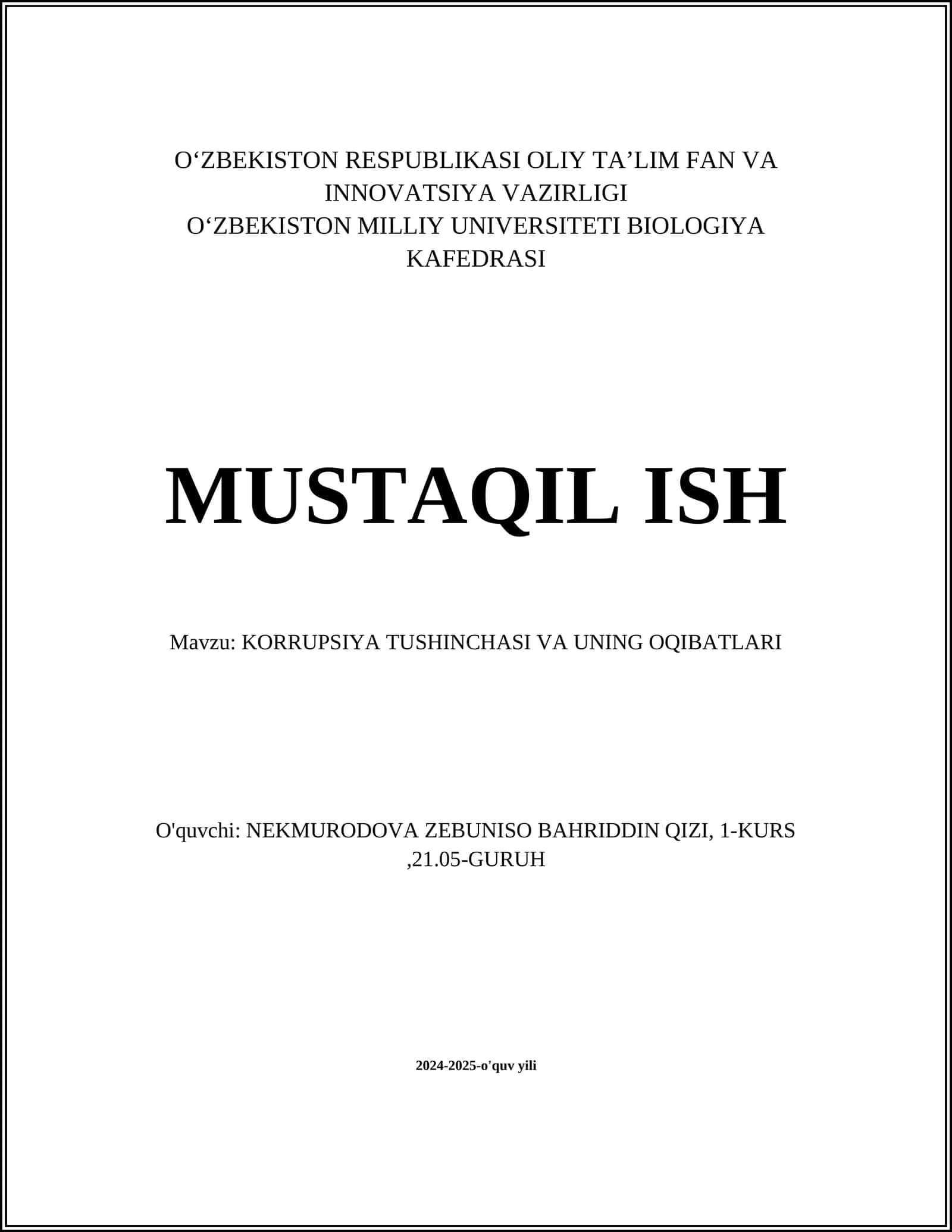 KORRUPSIYA TUSHINCHASI VA UNING OQIBATLARI