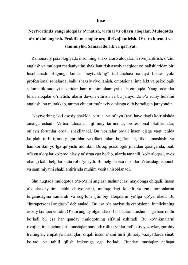 Neytvortinda yangi aloqalar o‘rnatish, virtual va oflayn aloqalar. Muloqotda o‘z-o‘zini anglash.