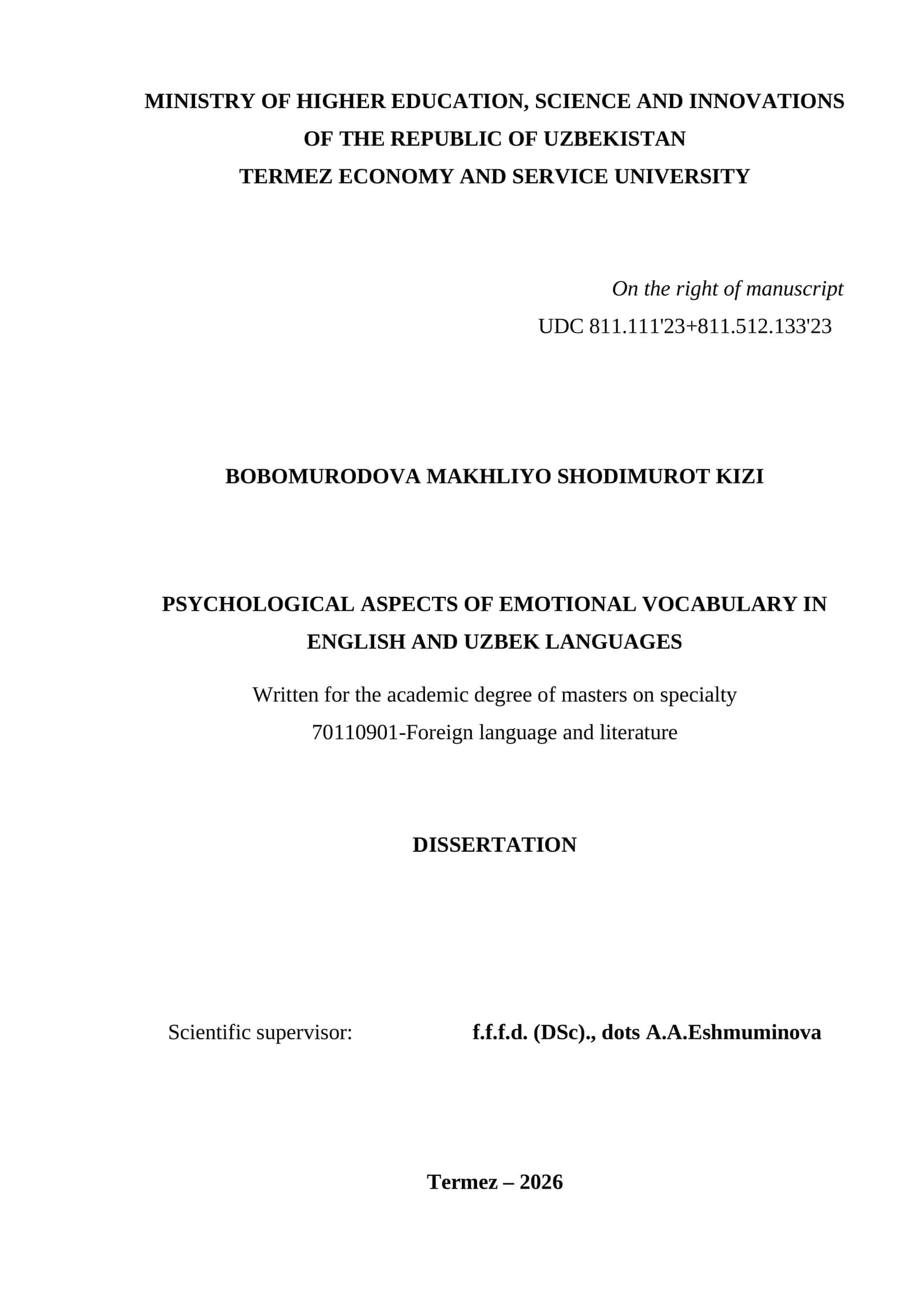 PSYCHOLOGICAL ASPECTS OF EMOTIONAL VOCABULARY IN ENGLISH AND UZBEK LANGUAGES