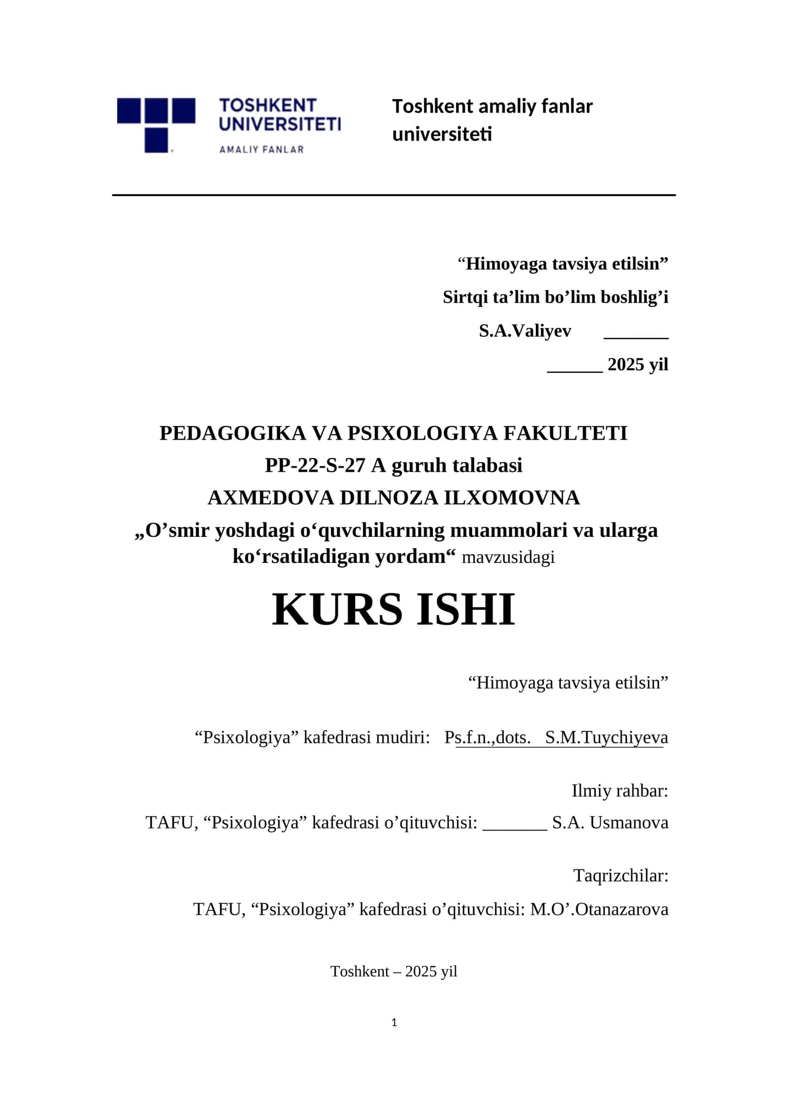 O’smir yoshdagi o‘quvchilarning muammolari va ularga ko‘rsatiladigan yordam