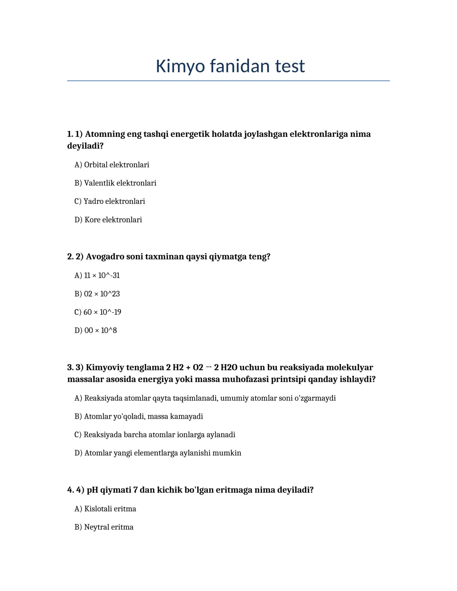 Kimyo fanidan test