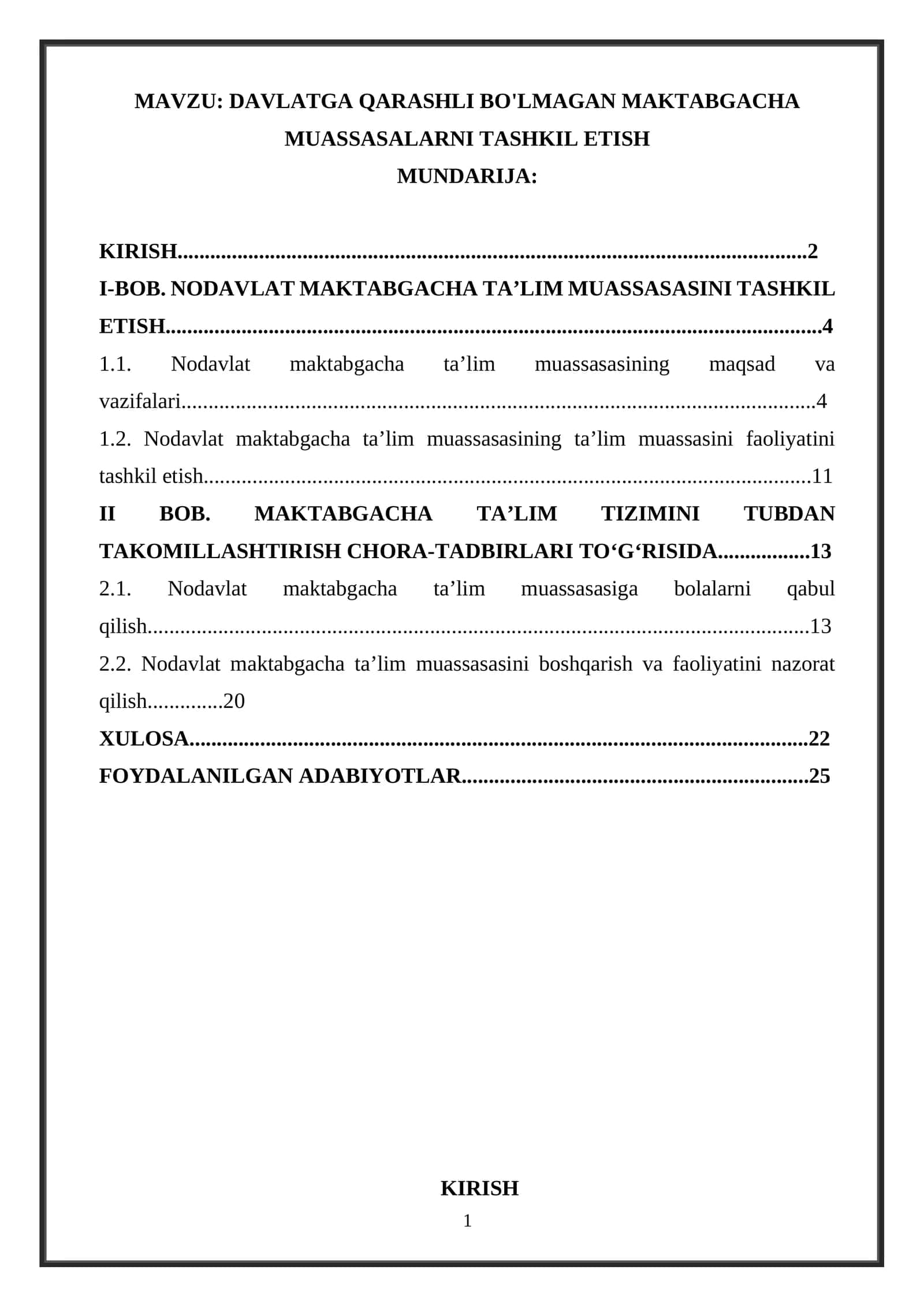 DAVLATGA QARASHLI BO'LMAGAN MAKTABGACHA MUASSASALARNI TASHKIL ETISH