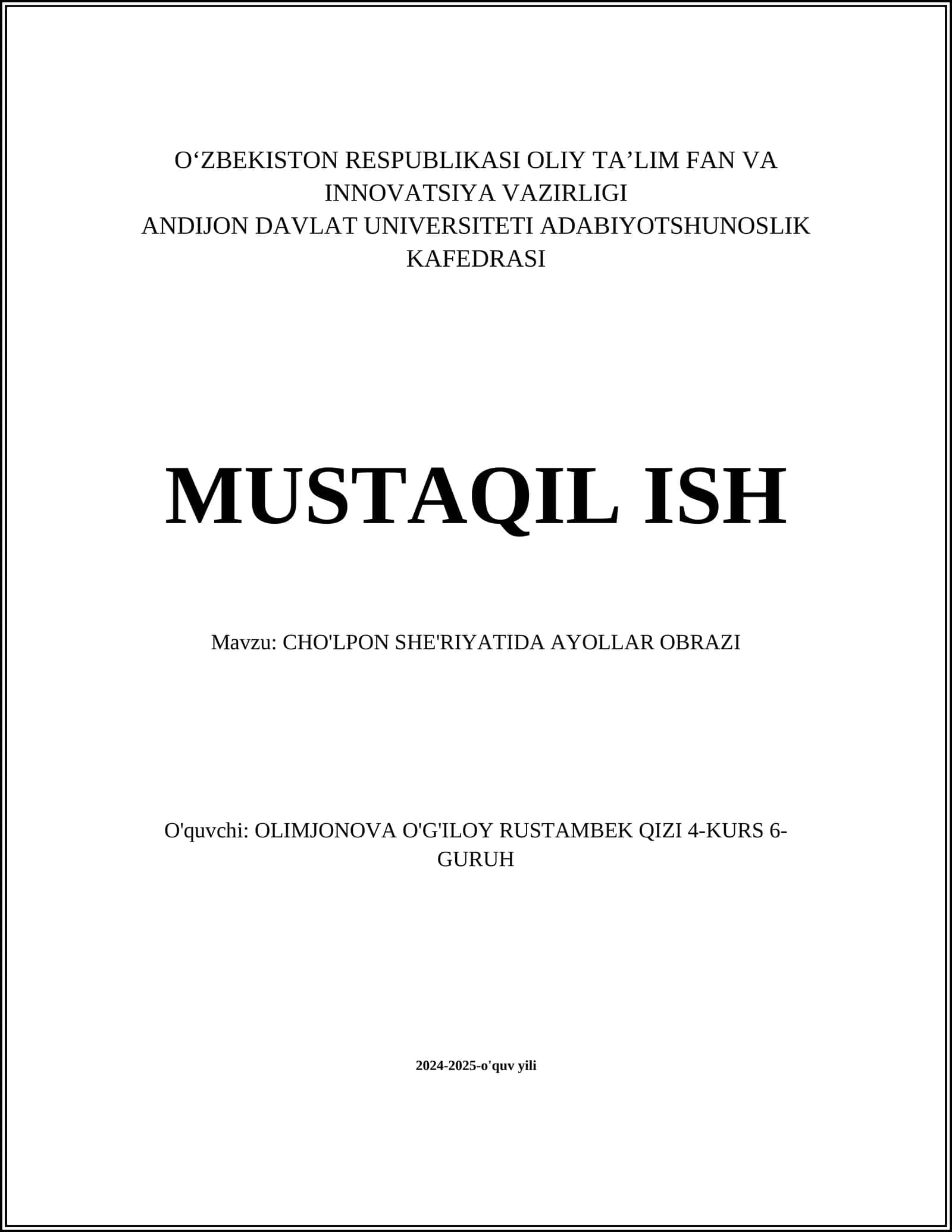 CHO'LPON SHE'RIYATIDA AYOLLAR OBRAZI