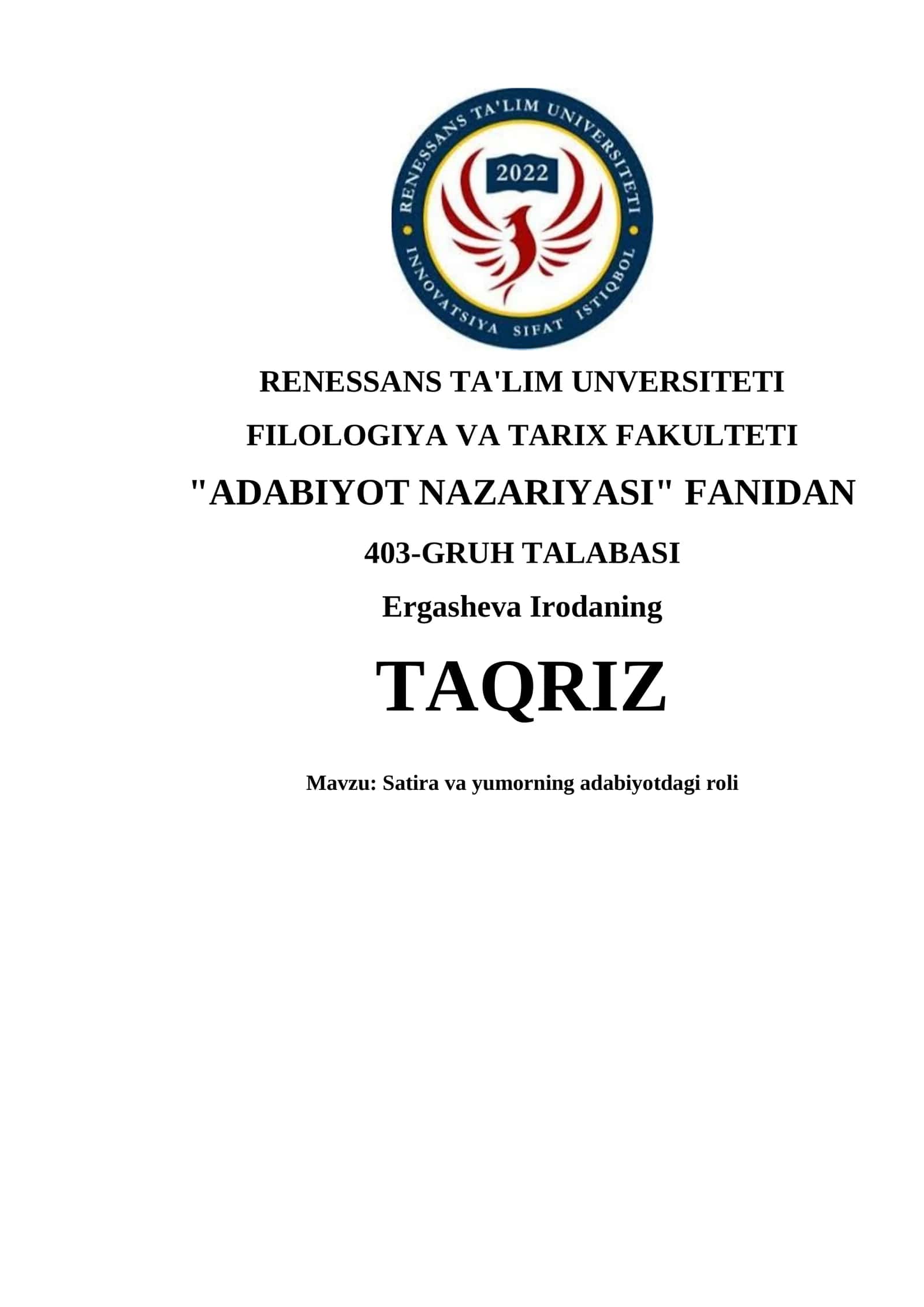 "ADABIYOT NAZARIYASI" FANIDAN TAQRIZ