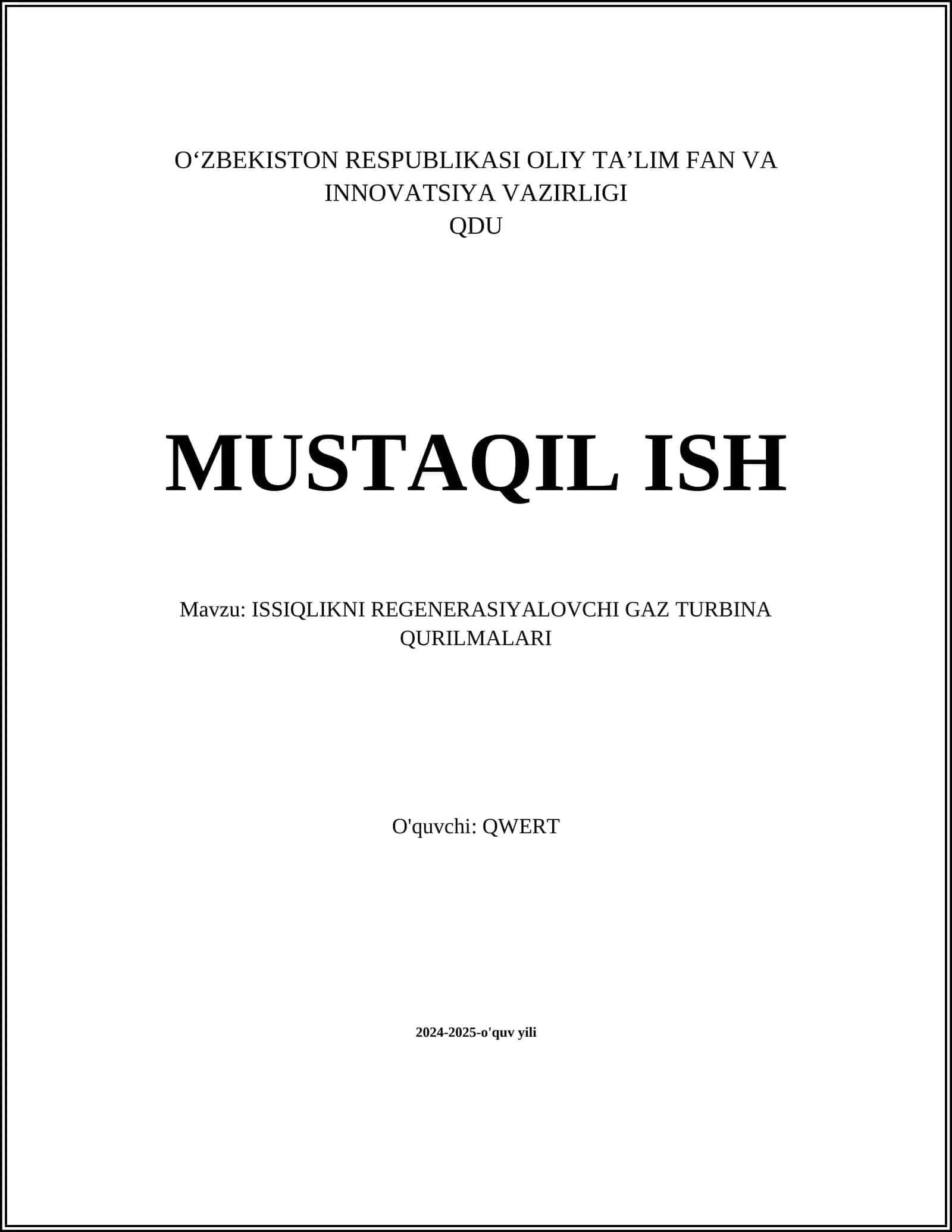 ISSIQLIKNI REGENERASIYALOVCHI GAZ TURBINA QURILMALARI