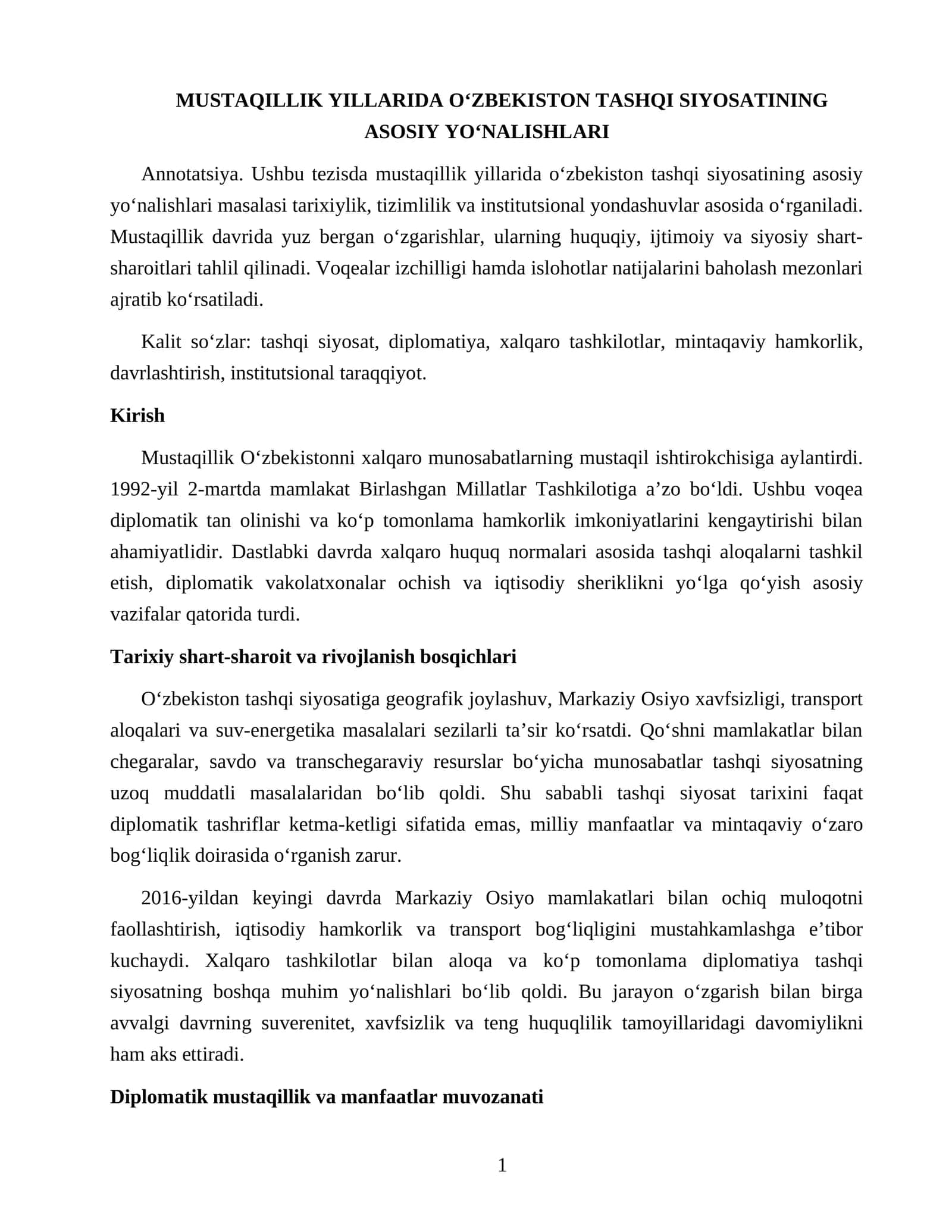 Mustaqillik Yillarda Ozbekiston Tashqi Siyosating Asosiy Yonalishlari