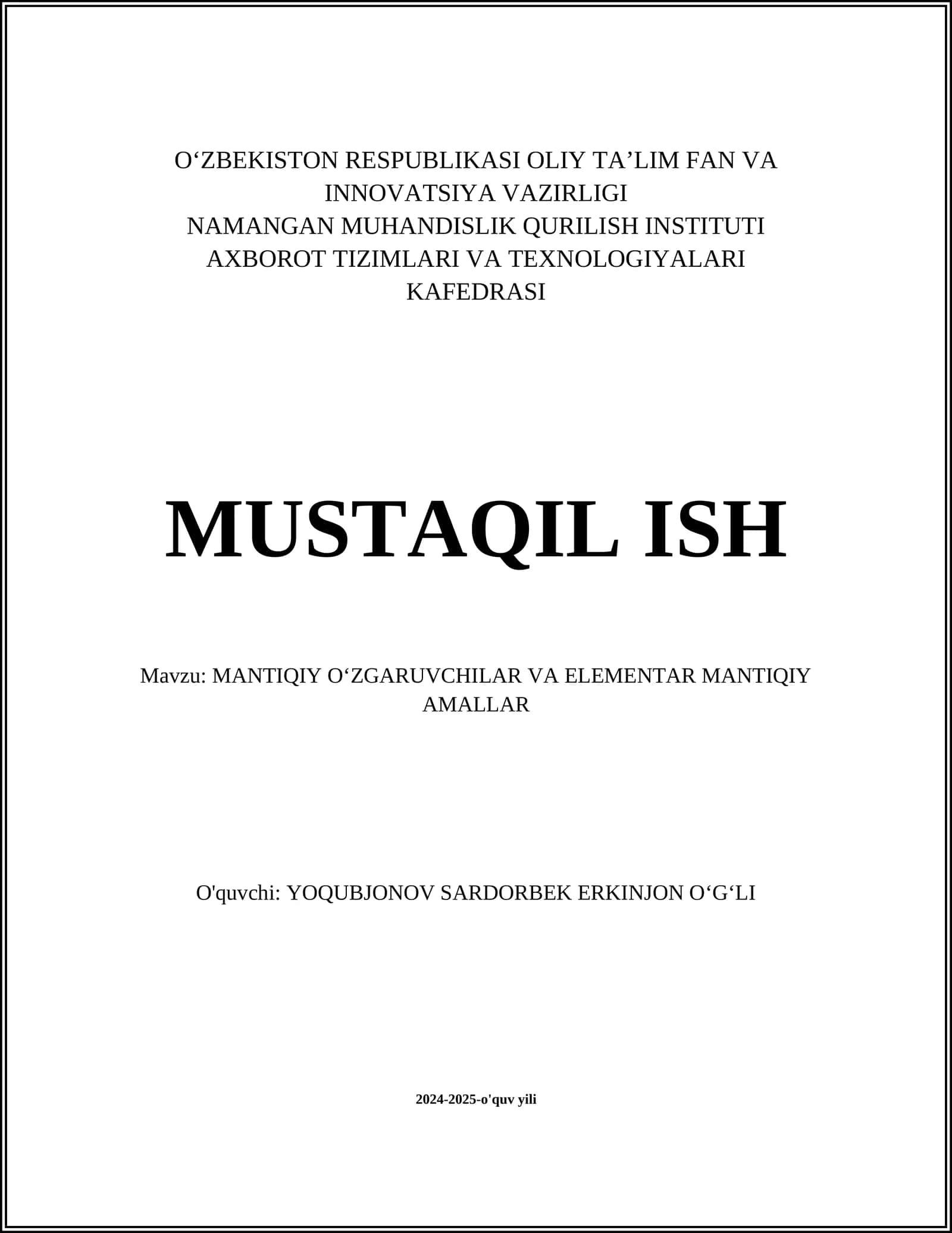 MANTIQIY OʻZGARUVCHILAR VA ELEMENTAR MANTIQIY AMALLAR