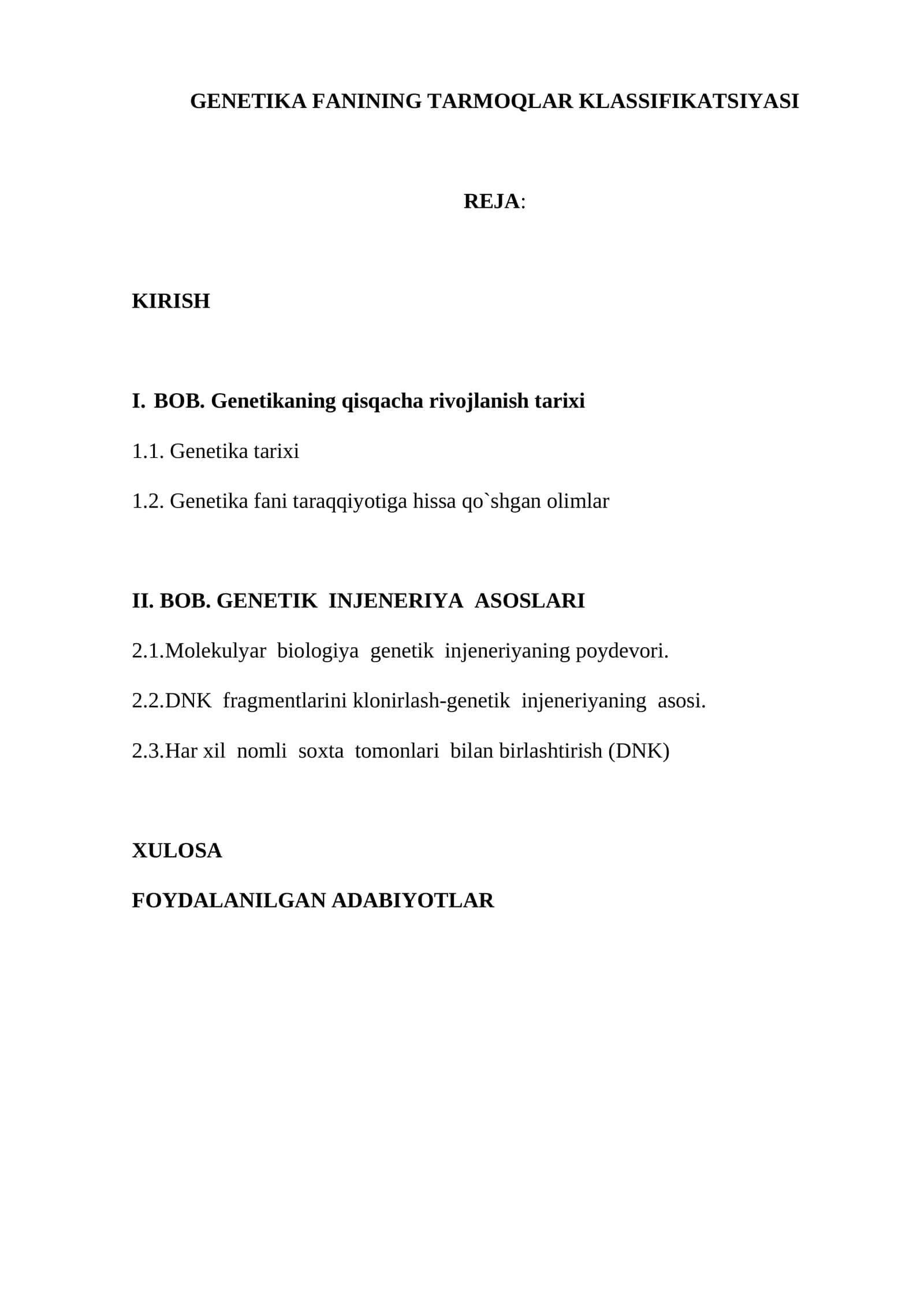 GINETIKA FANINING TARMOQLAR KLASSIFIKATSIYASI
