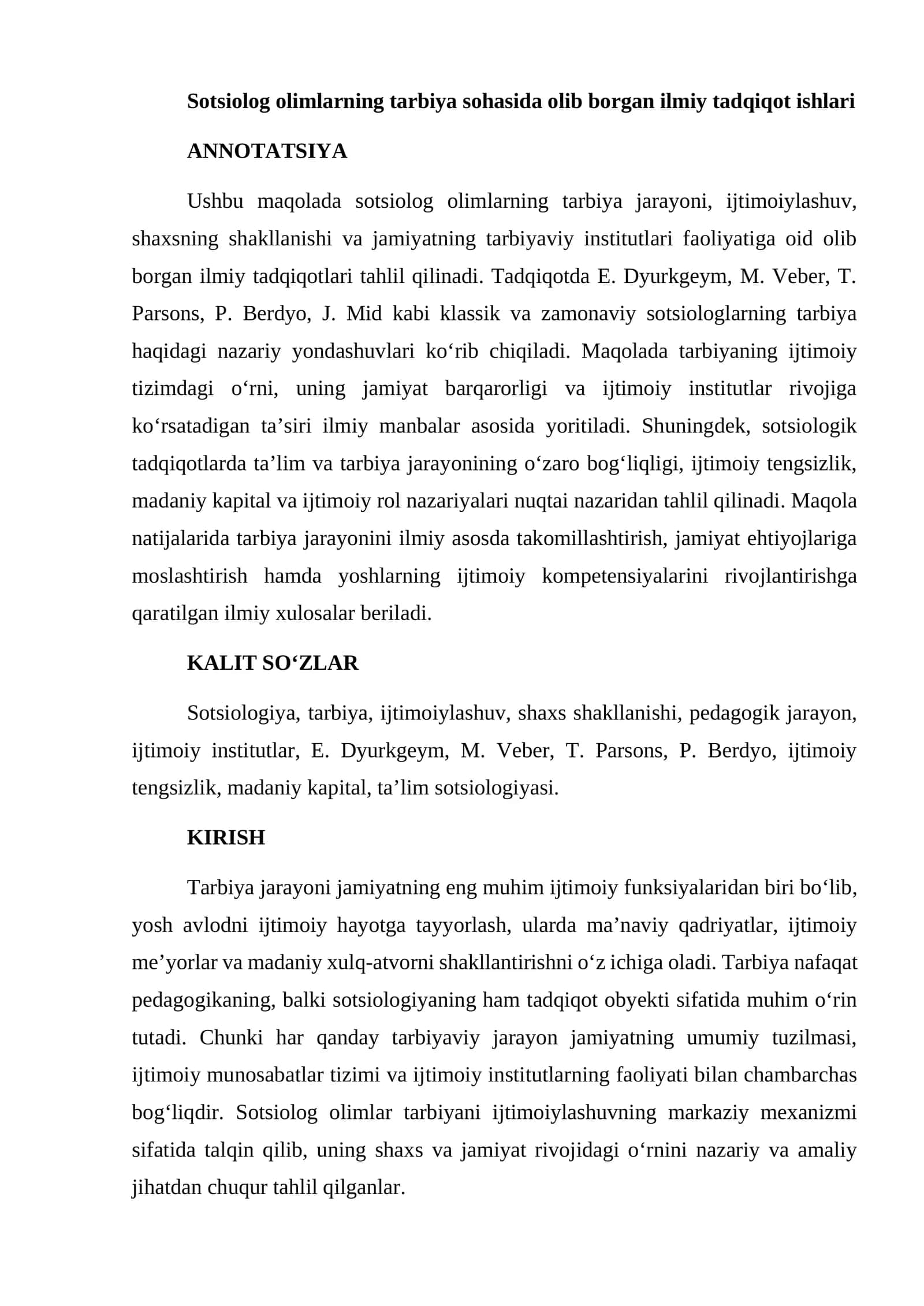 Sotsiolog olimlarning tarbiya sohasida olib borgan ilmiy tadqiqot ishlari