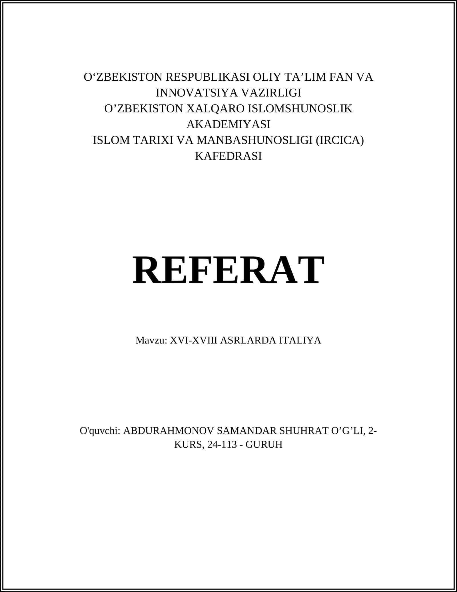 XVI-XVIII ASRLARDA ITALIYA