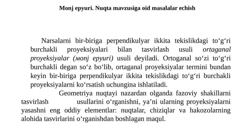 Monj epyuri. Nuqta mavzusiga oid masalalar echish