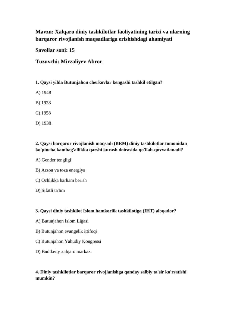 Xalqaro diniy tashkilotlar faoliyatining tarixi va ularning barqaror rivojlanish maqsadlariga erishishdagi ahamiyati