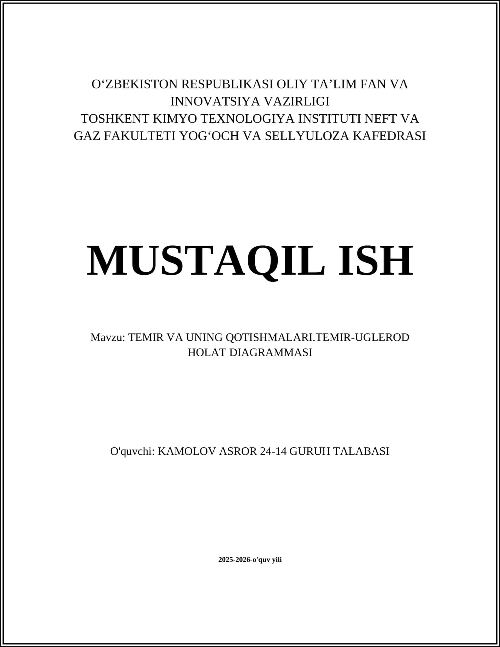 TEMIR VA UNING QOTISHMALARI.TEMIR-UGLEROD HOLAT DIAGRAMMASI