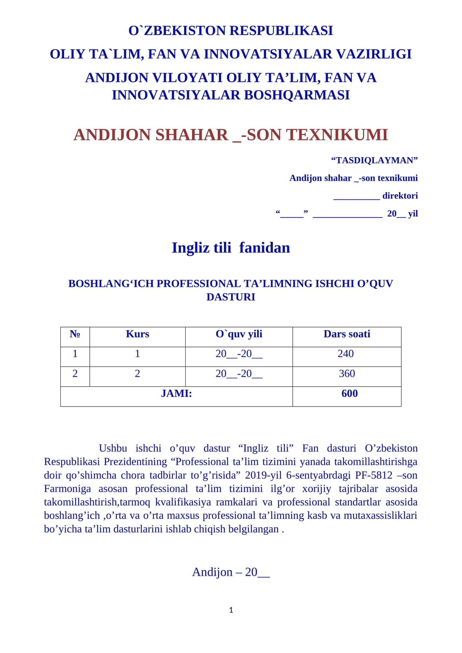 Ingliz tilidan ISHCHI O’QUV DASTURI