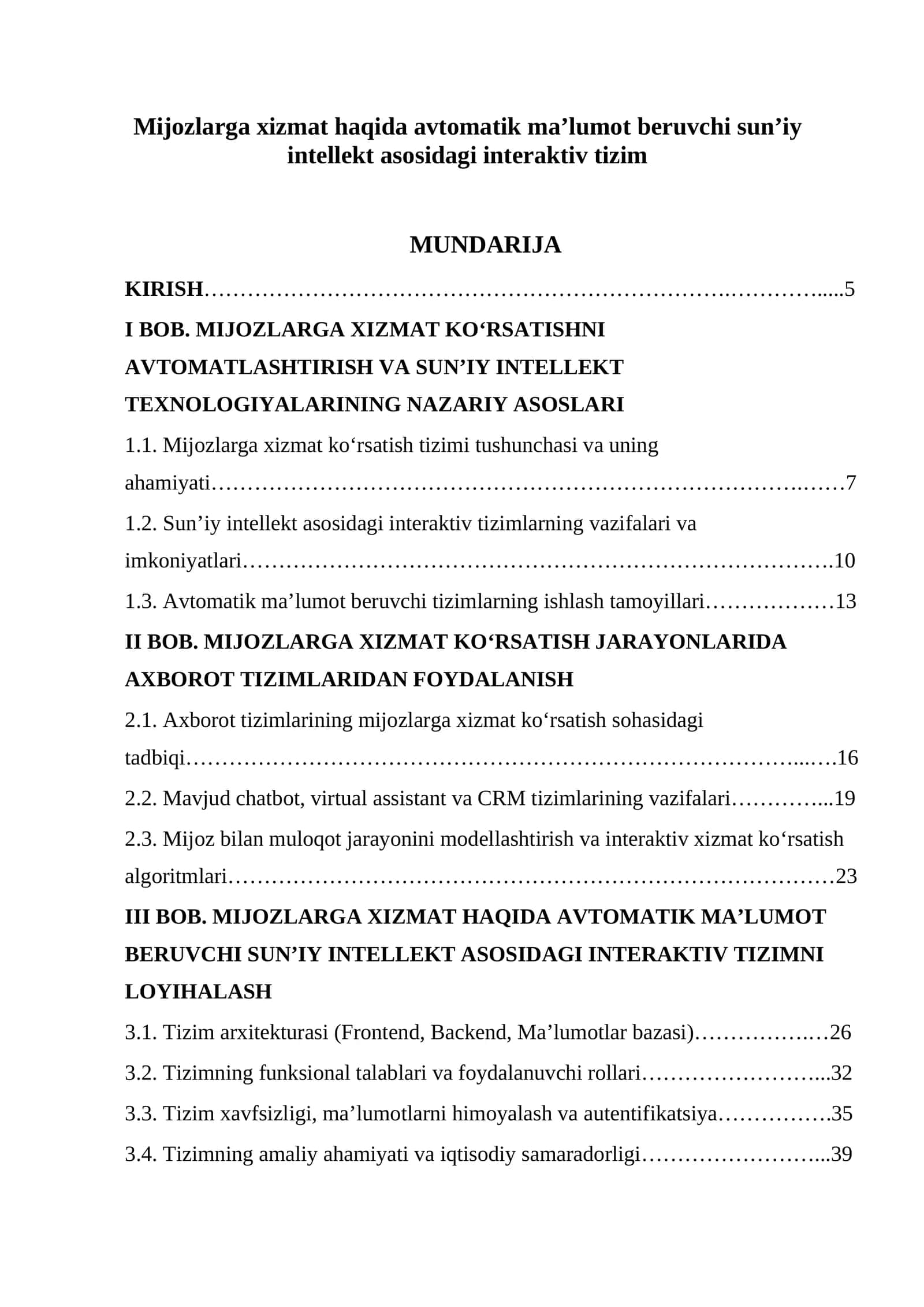 Mijozlarga xizmat haqida avtomatik ma’lumot beruvchi sun’iy intellekt asosidagi interaktiv tizim