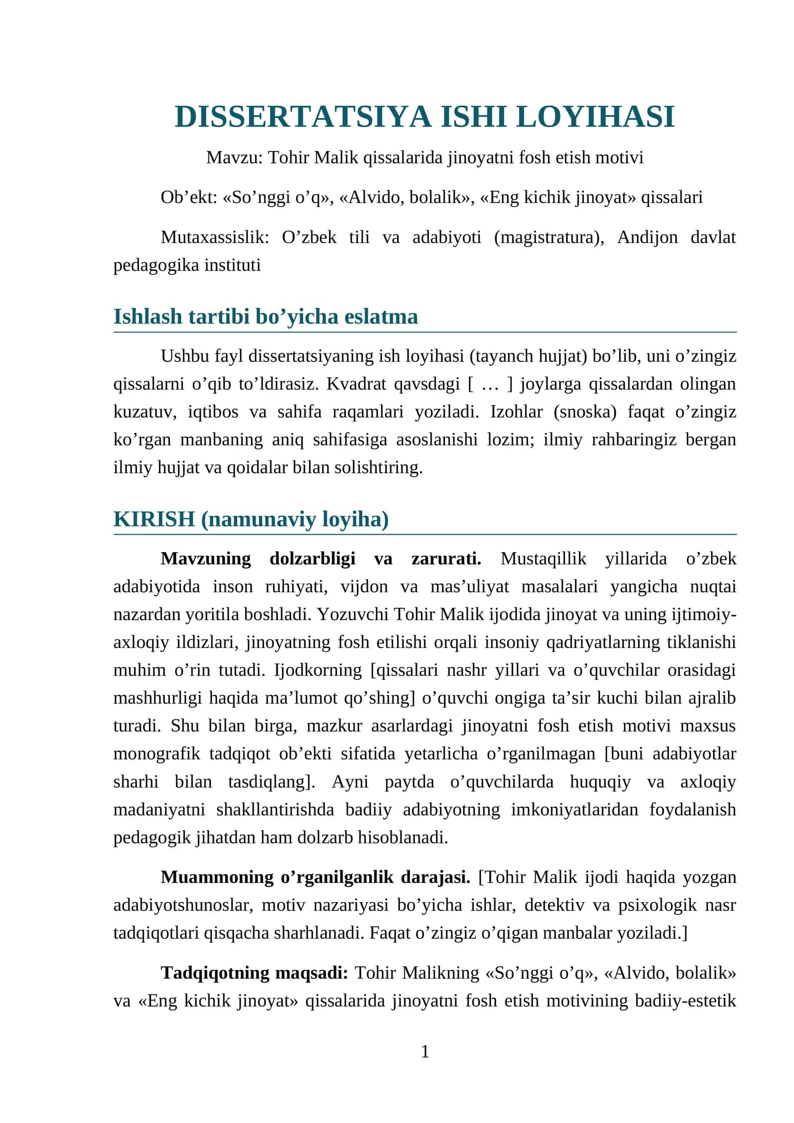DISSERTATSIYA ISHI LOYIHASI