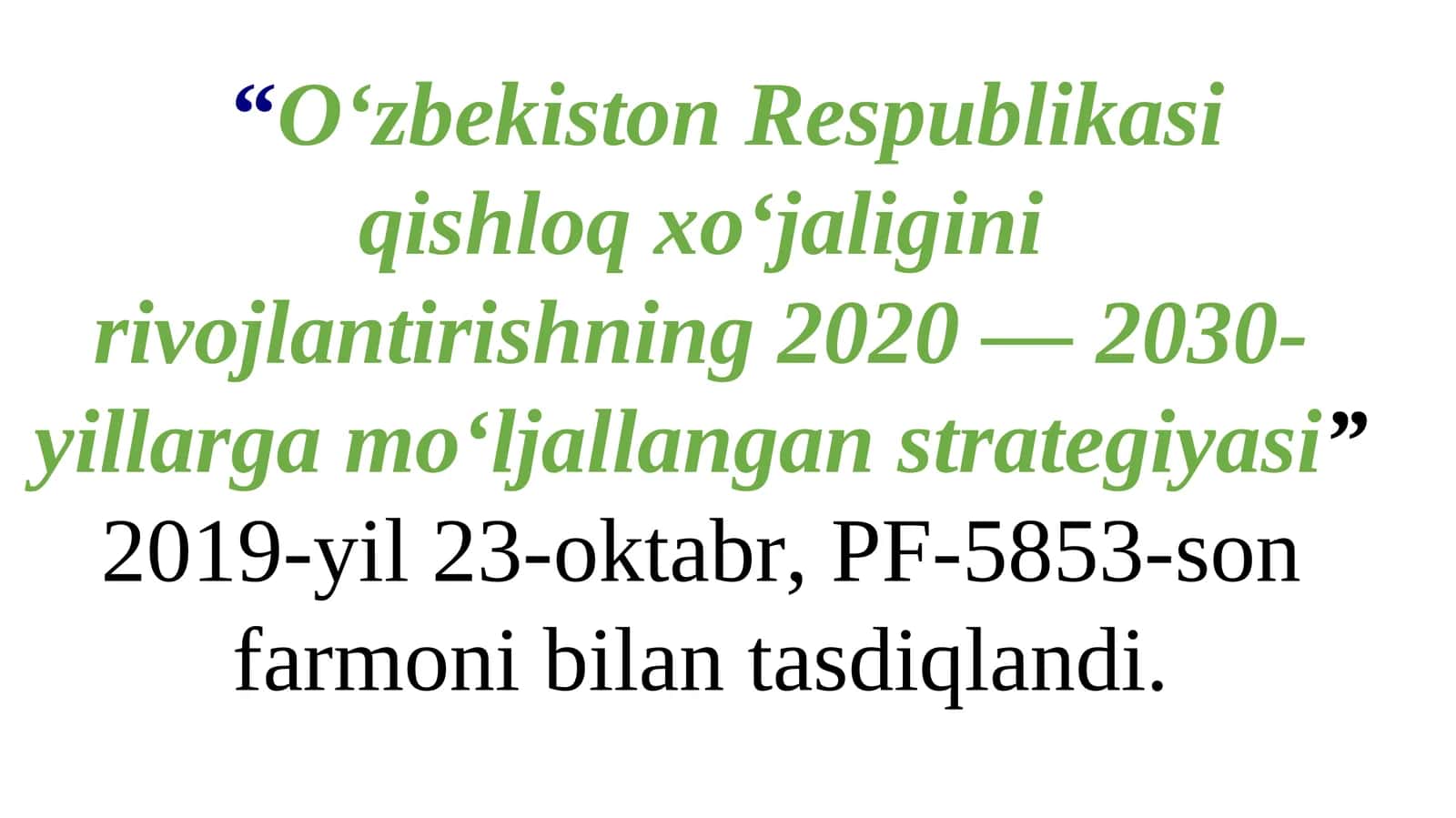 “O‘zbekiston Respublikasi qishloq xo‘jaligini rivojlantirishning 2020 — 2030-yillarga mo‘ljallangan strategiyasi”