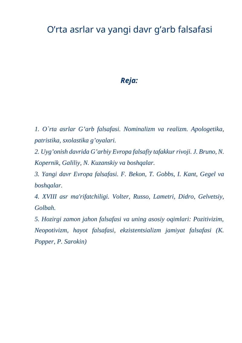O’rta asrlar va yangi davr g’arb falsafasi