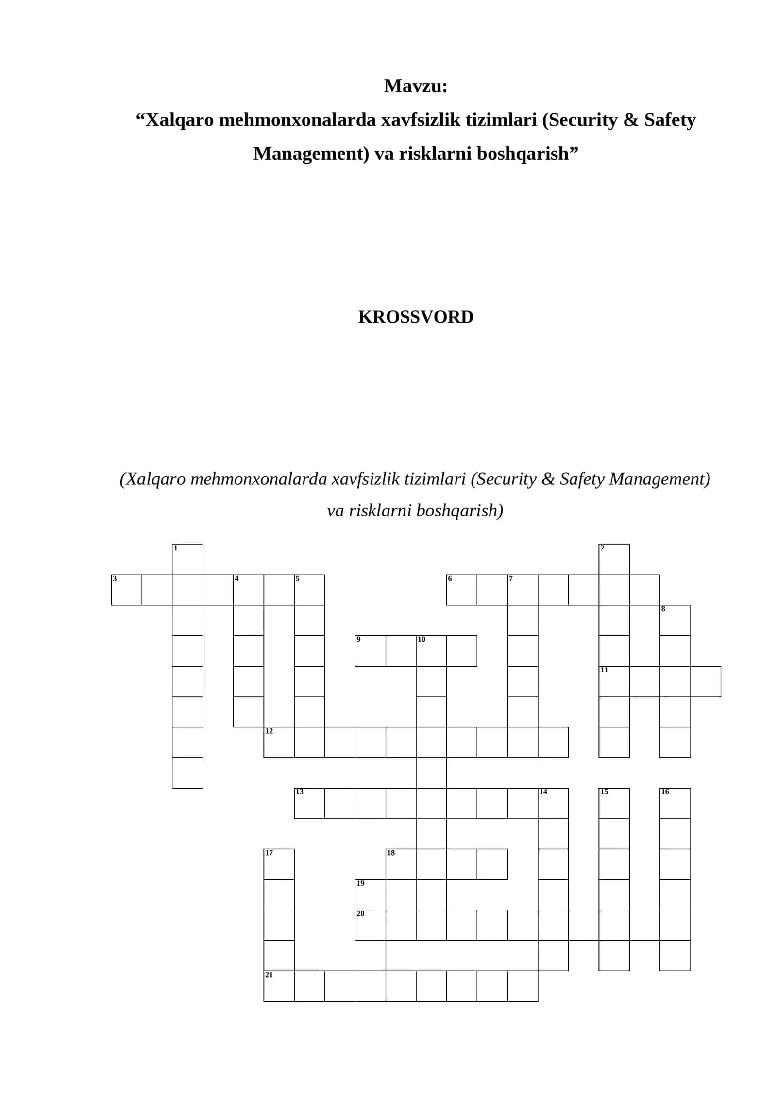 Xalqaro mehmonxonalarda xavfsizlik tizimlari (Security & Safety Management) va risklarni boshqarish