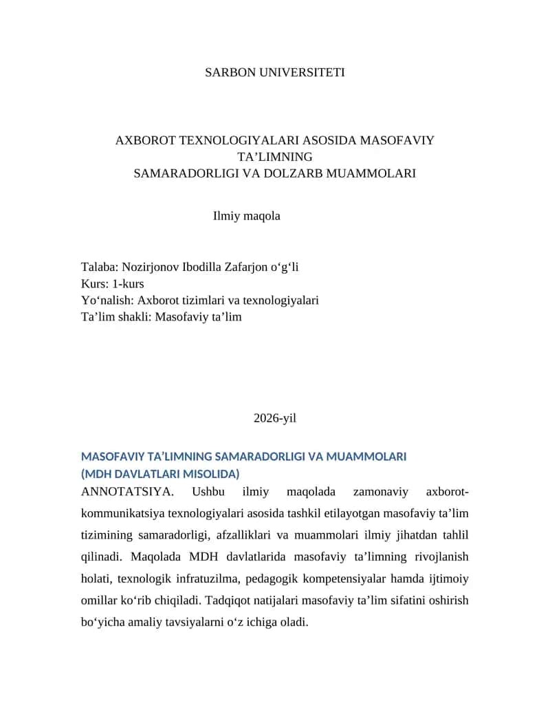 MASOFAVIY TA’LIMNING SAMARADORLIGI VA MUAMMOLARI