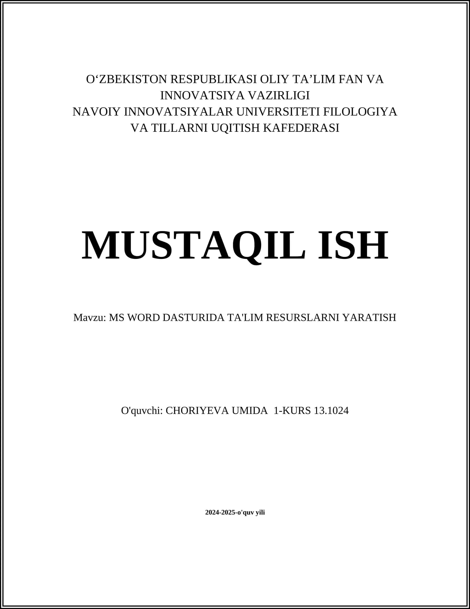 MS WORD DASTURIDA TA'LIM RESURSLARNI YARATISH