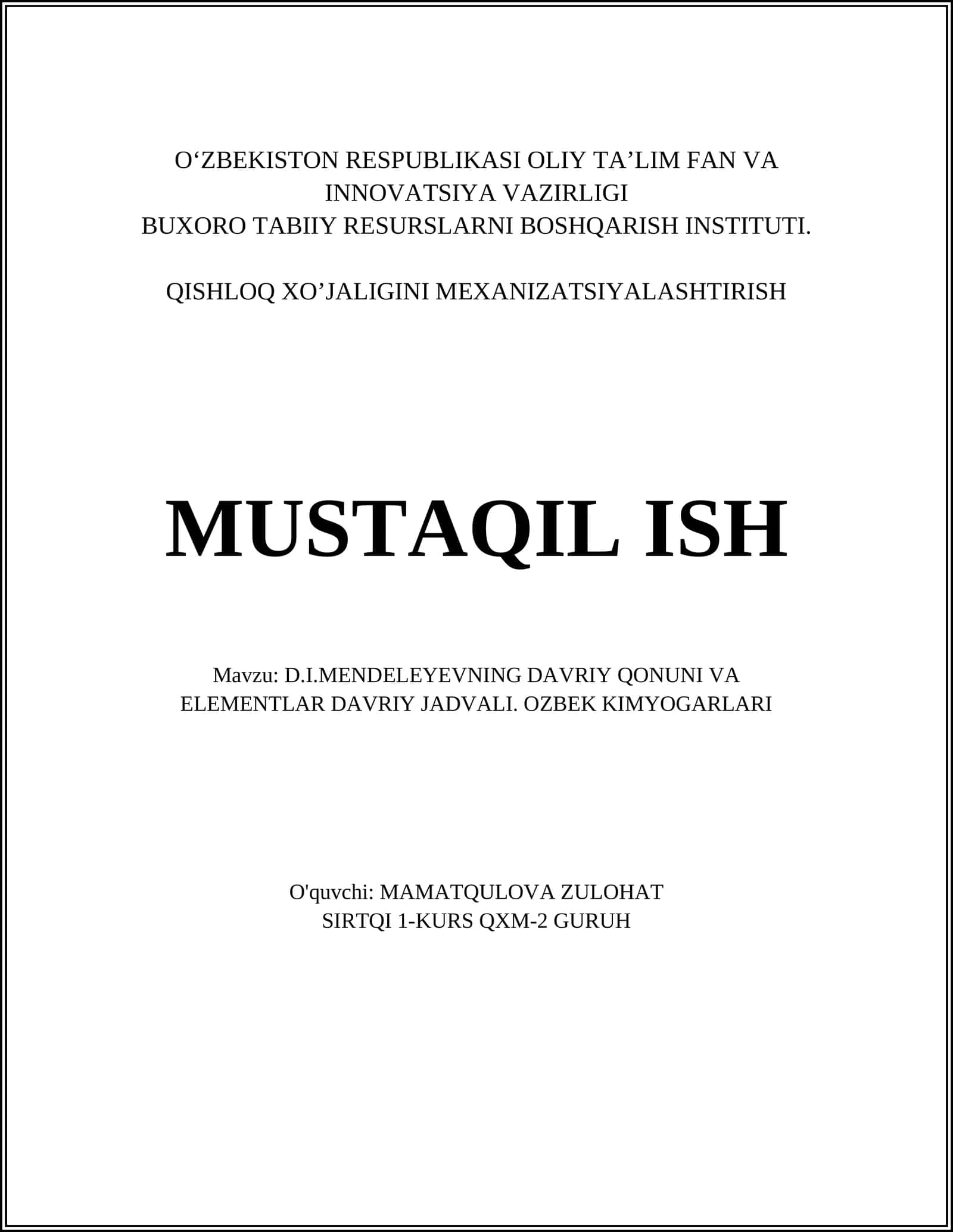 D.I.MENDELEYEVNING DAVRIY QONUNI VA ELEMENTLAR DAVRIY JADVALI