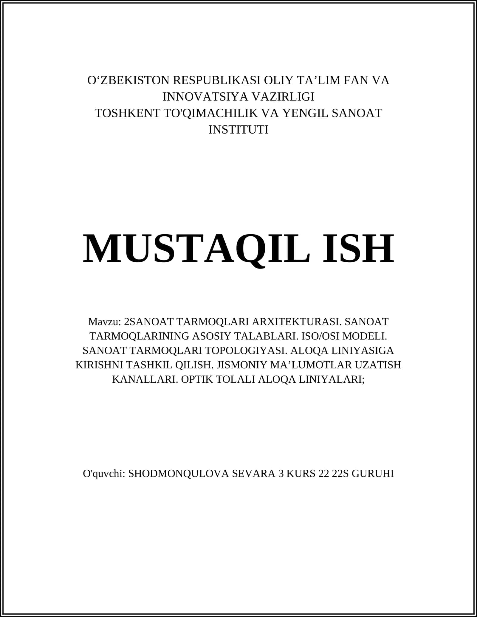 2SANOAT TARMOQLARI ARXITEKTURASI
