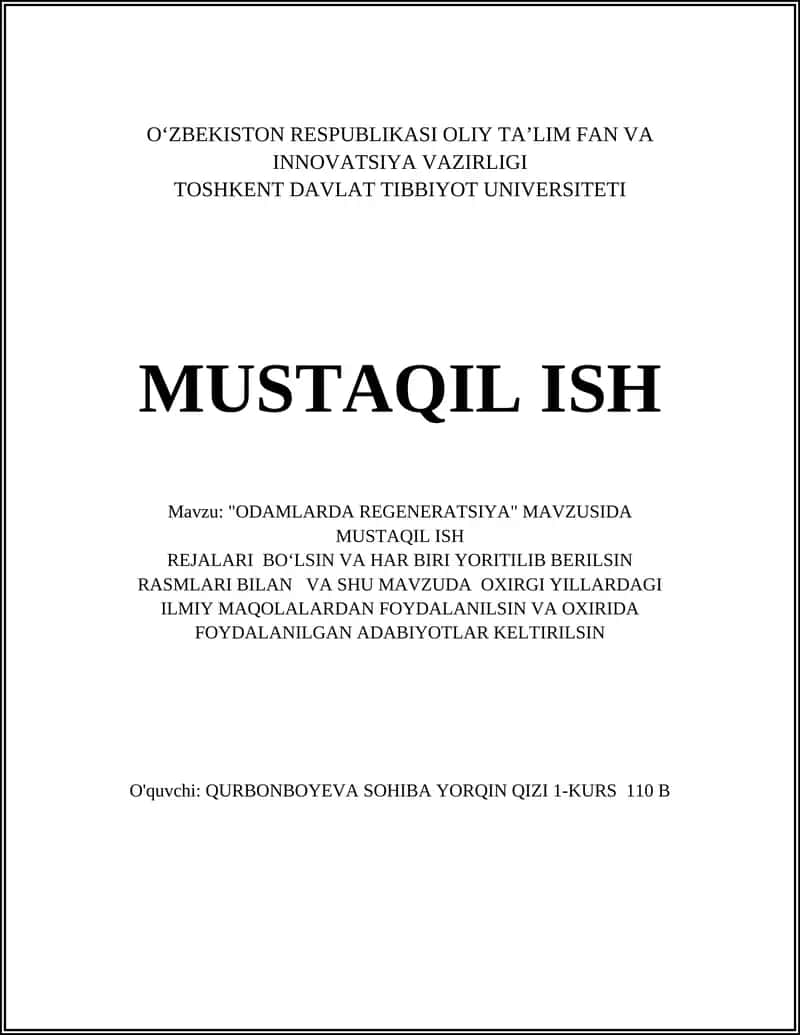 "ODAMLARDA REGENERATSIYA" MUSTAQIL ISH