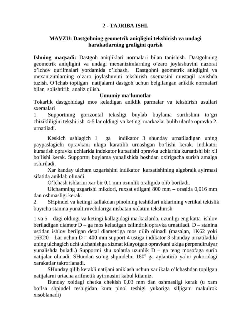 Dastgohning geometrik aniqligini tekshirish va undagi harakatlarning grafigini qurish