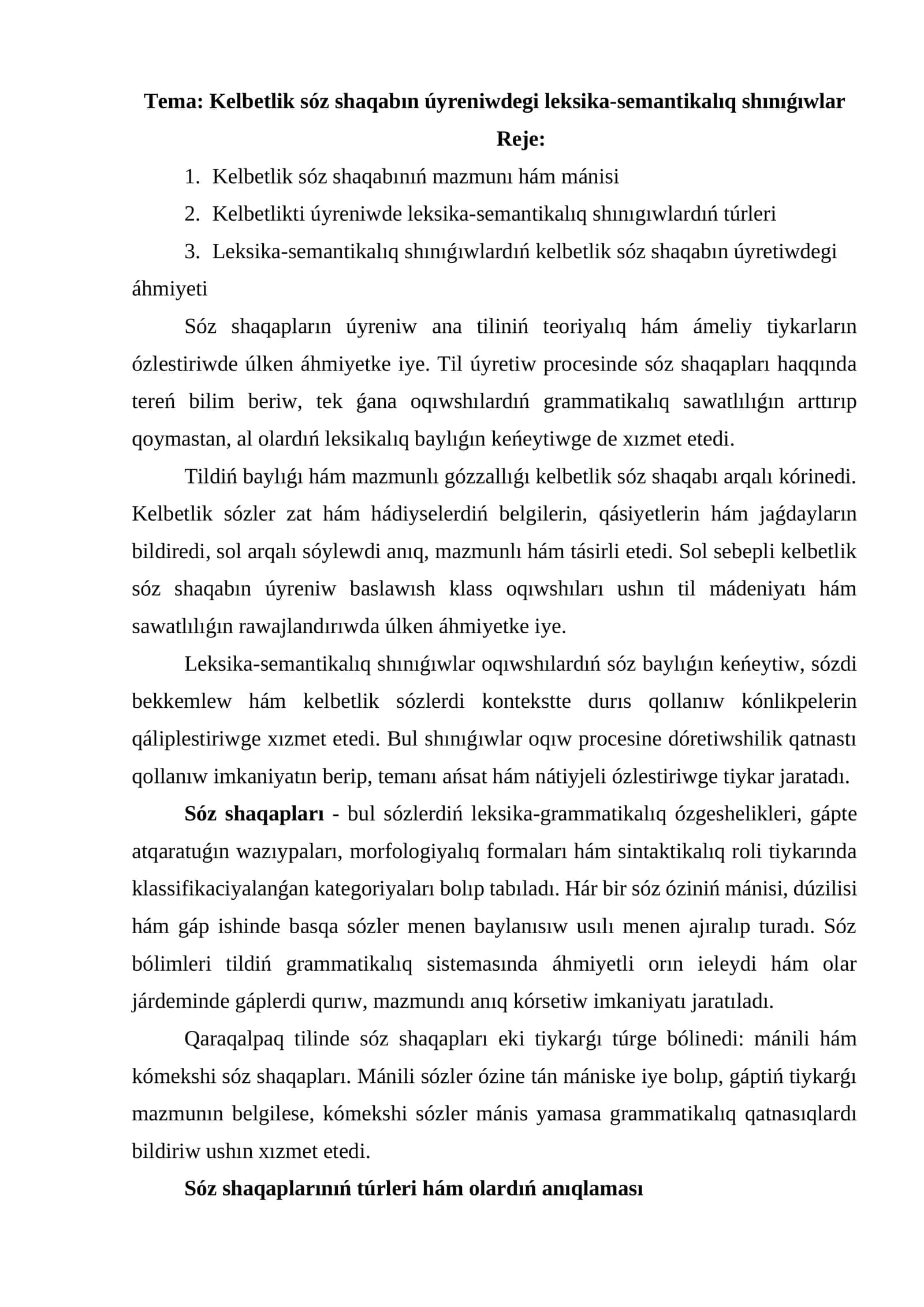 Kelbetlik sóz shaqabın úyreniwdegi leksika-semantikalıq shınıǵıwlar