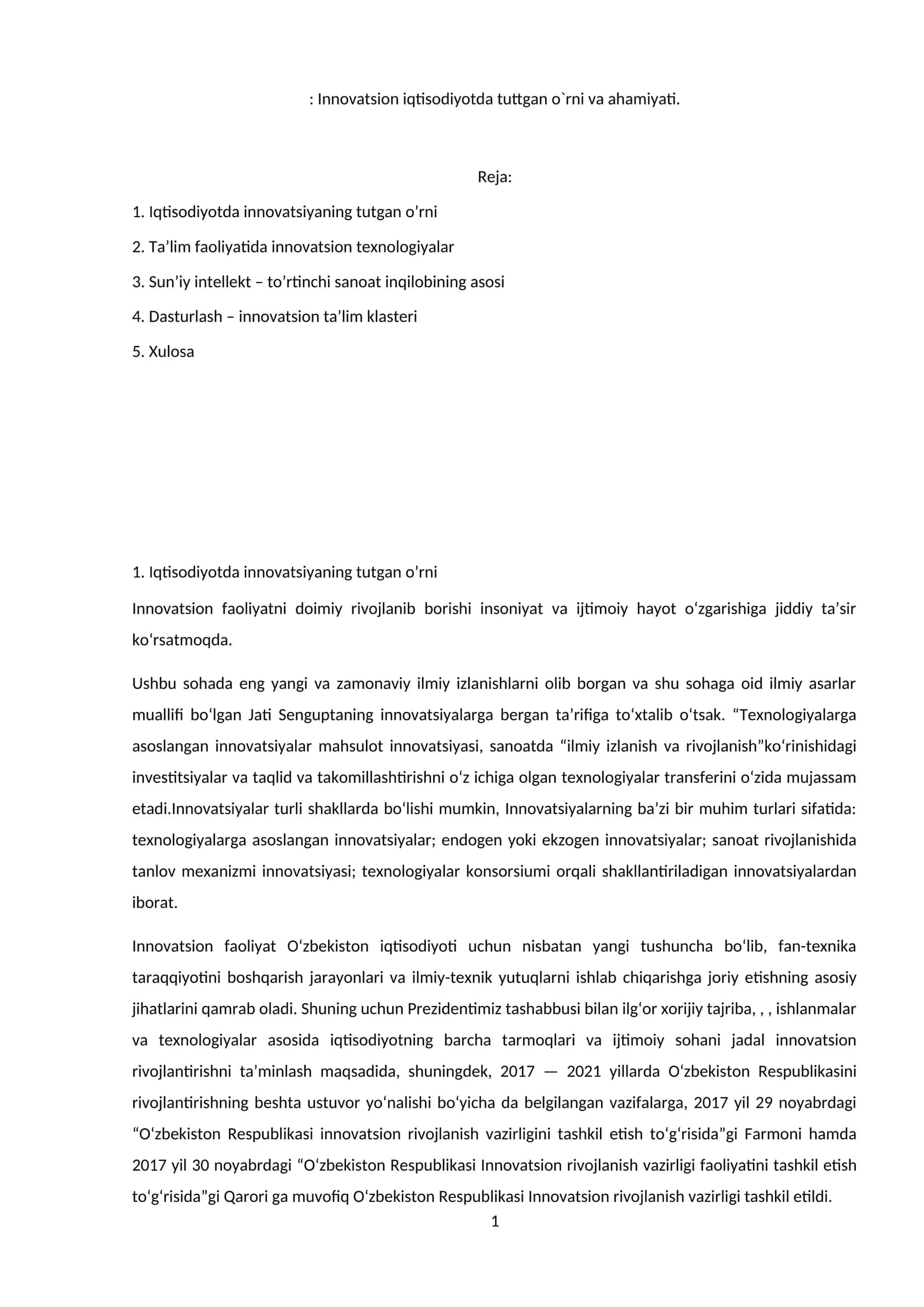 Innovatsion iqtisodiyotda tuttgan o`rni va ahamiyati