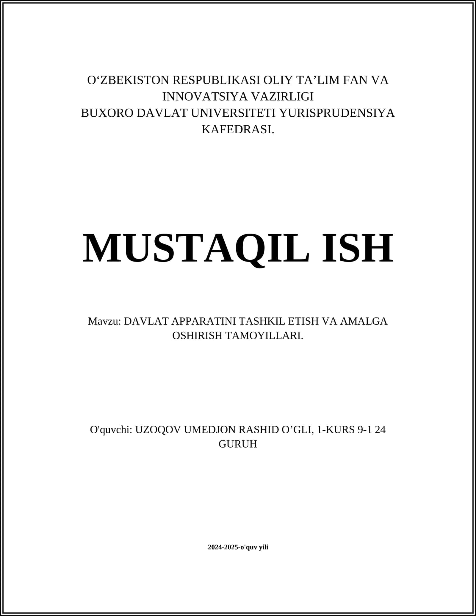 DAVLAT APPARATINI TASHKIL ETISH VA AMALGA OSHIRISH TAMOYILLARI