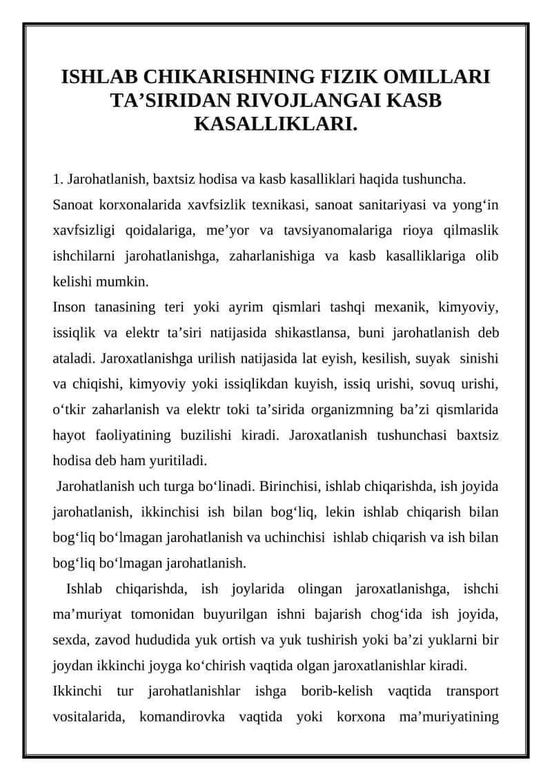 Ishlab chiqarishning fizik omillari ta’siridan rivojlangai kasb kasalliklari