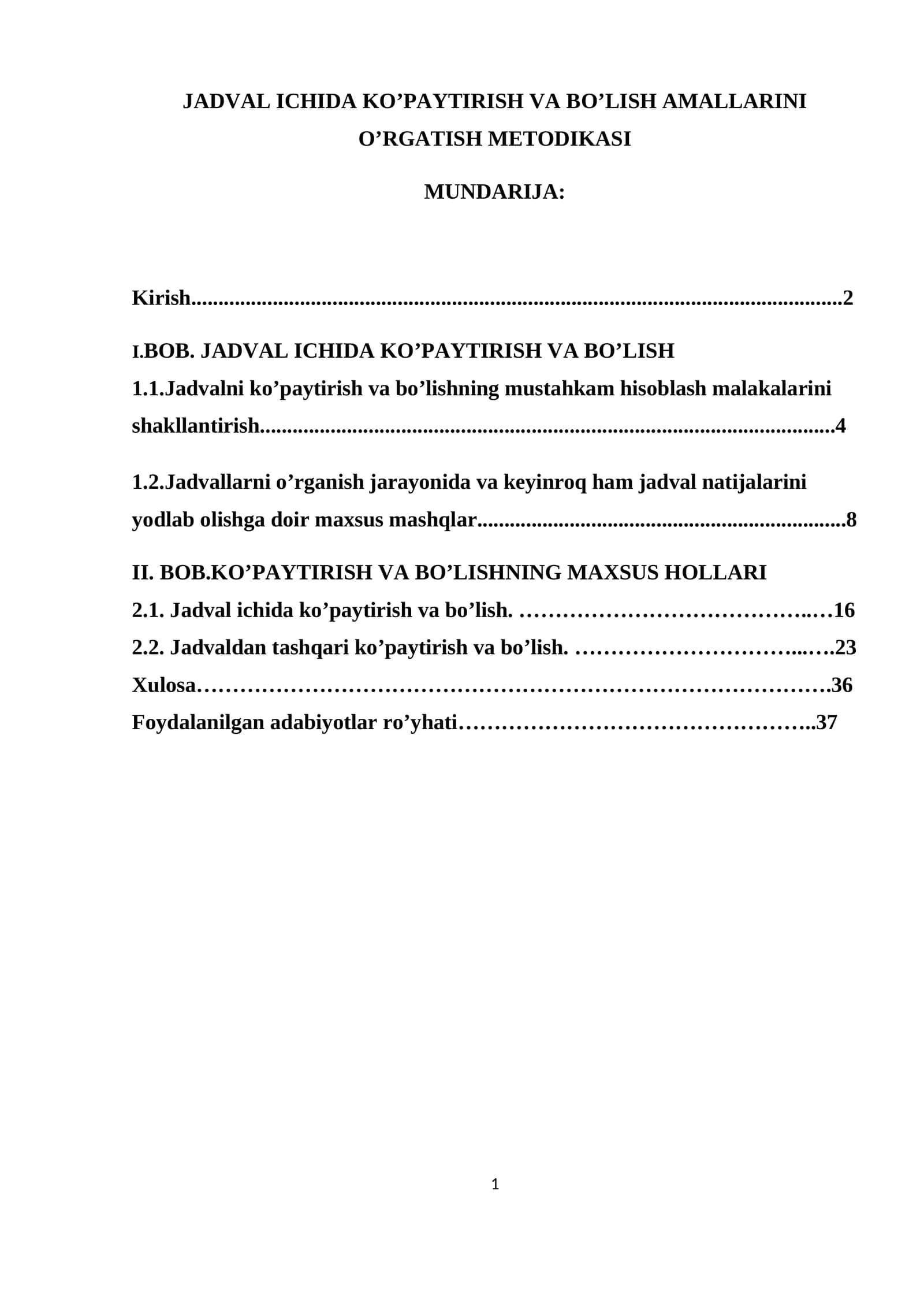 Jadval Ichida Ko’paytirish va Bo’lish Amallarini O’rgatish Metodikasi