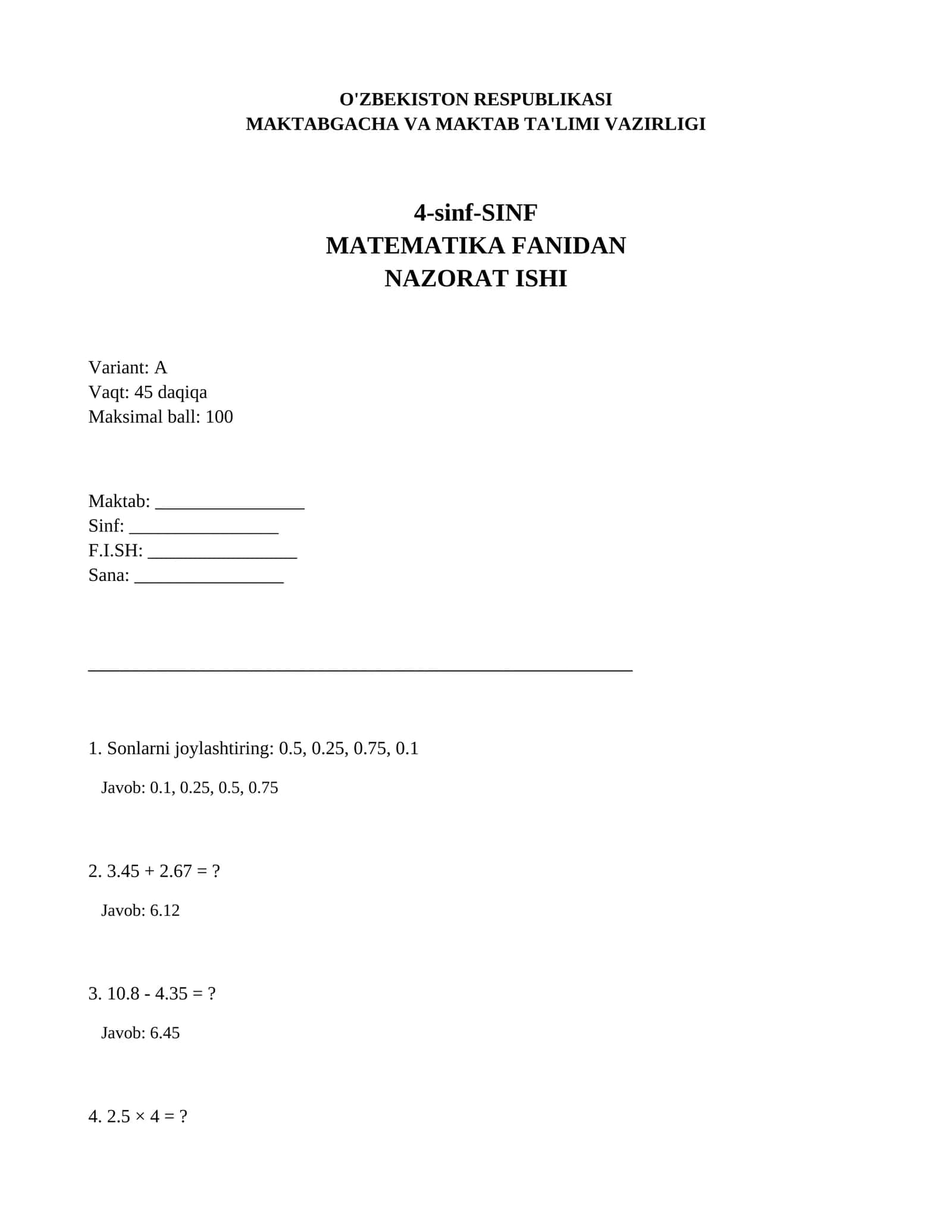 4-sinf-SINF MATMATIKA FANIDAN NAZORAT ISHI
