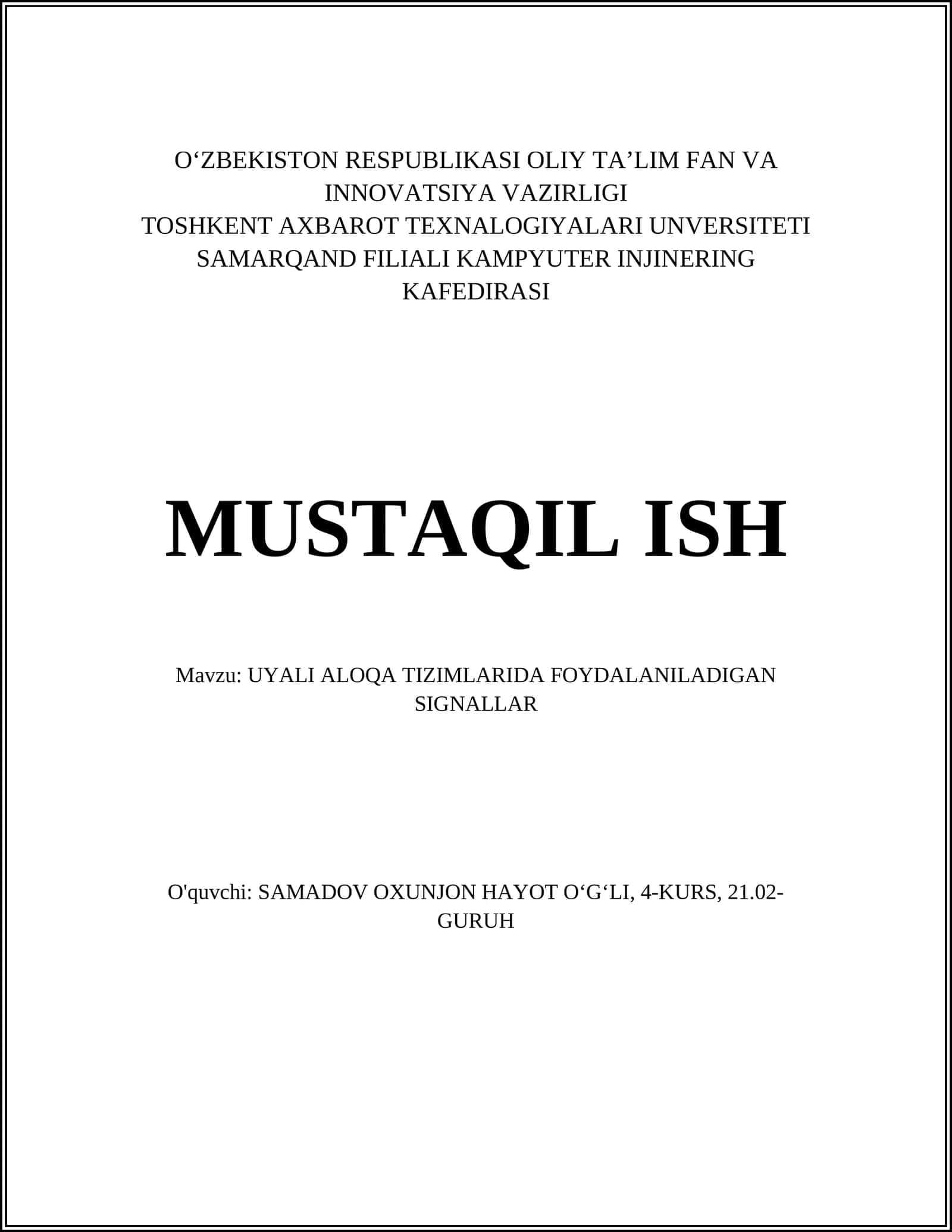 UYALI ALOQA TIZIMLARIDA FOYDALANILADIGAN SIGNALLAR