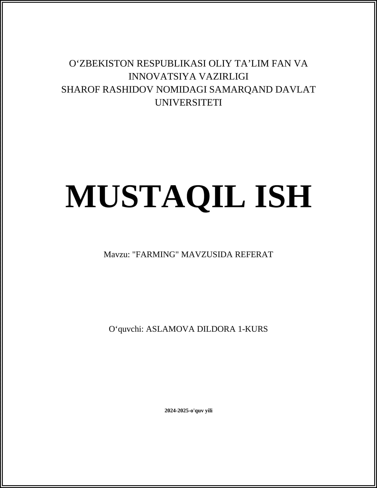 "FARMING" MAVZUSIDA REFERAT