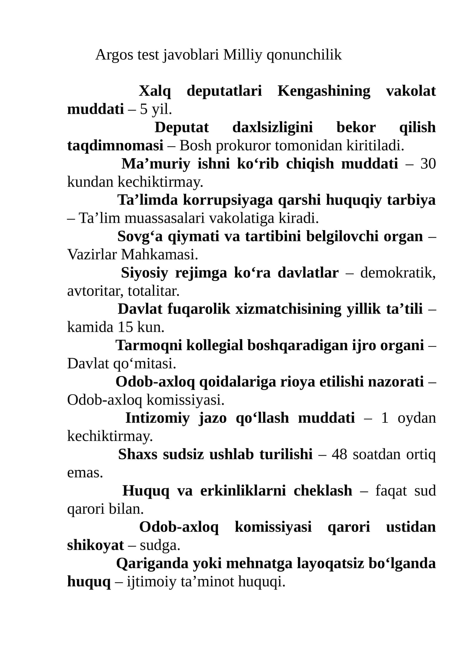 Argos test javoblari Milliy qonunchilik