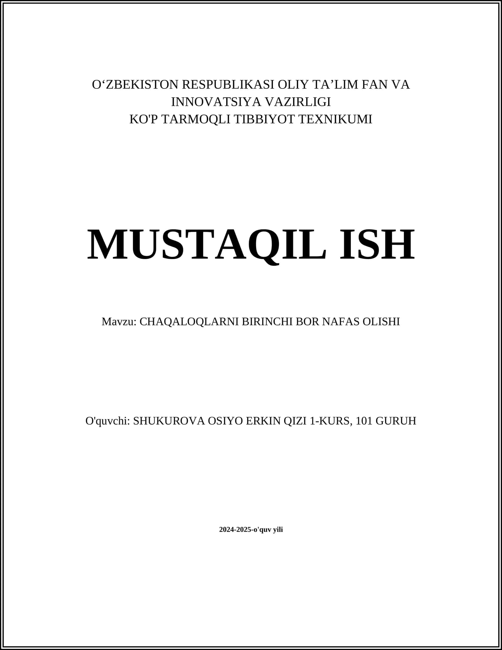 CHAQALOQLARNI BIRINCHI BOR NAFAS OLISHI