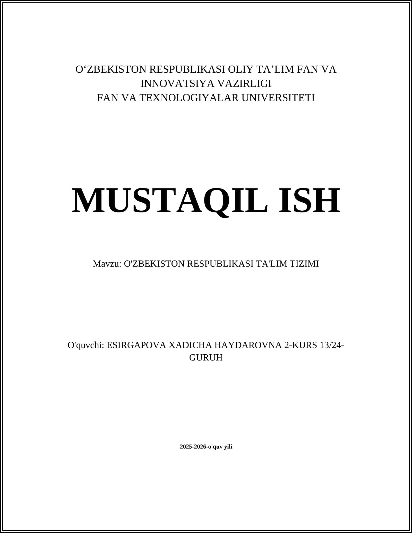 O'ZBEKISTON RESPUBLIKASI TA'LIM TIZIMI