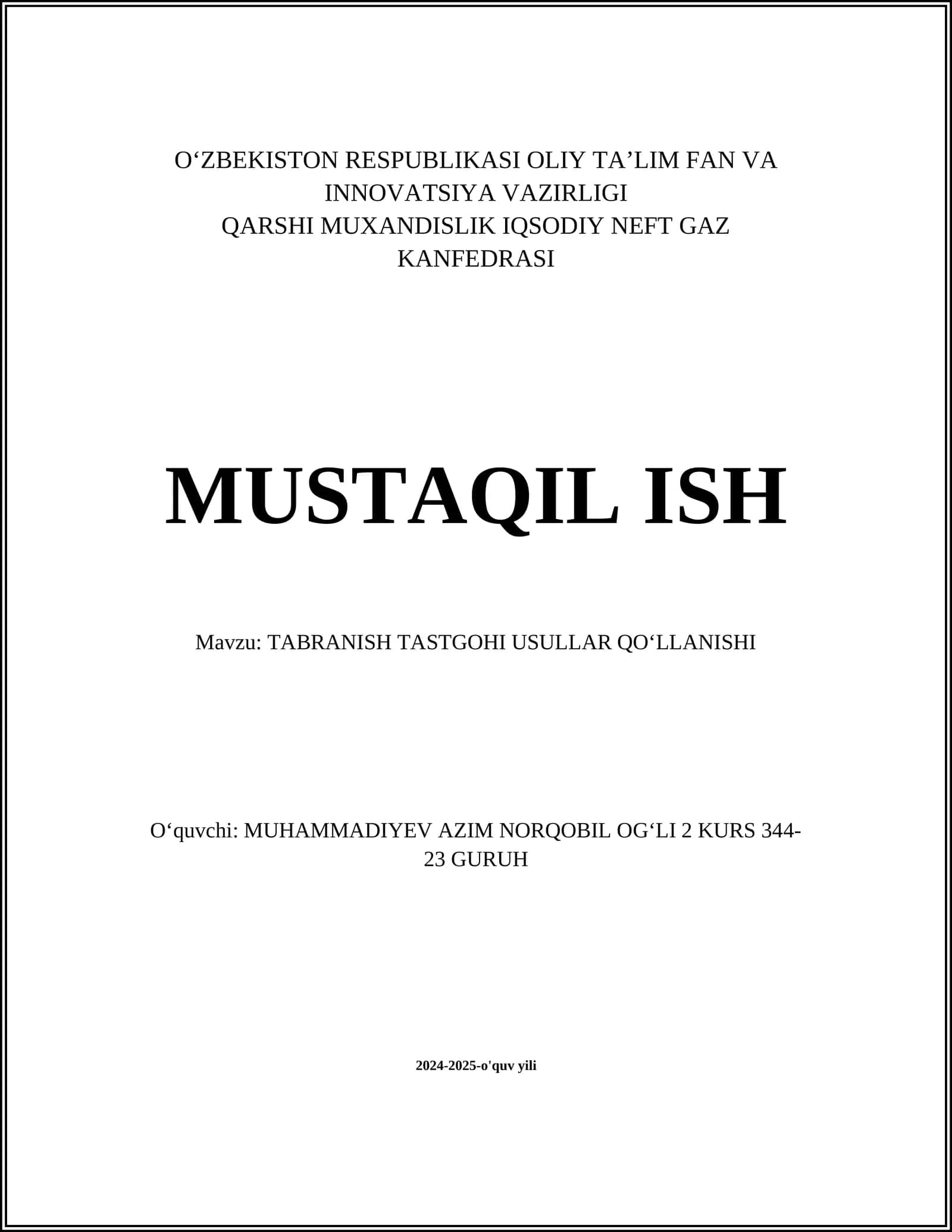 TABRANISH TASTGOHI USULLAR QOʻLLANISHI