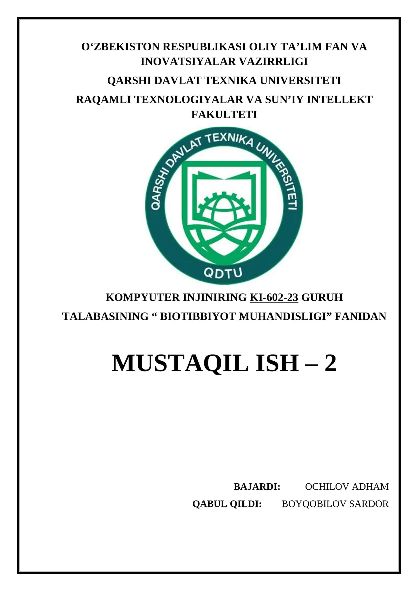 Biotibbiyot muhandisligi - O‘zRespOliyFanInovatsiyaVaVaz